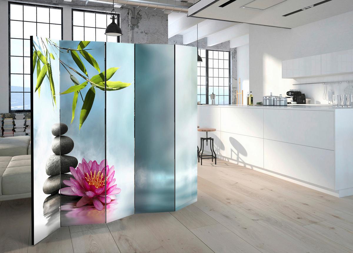 Paravan Water Lilly And Zen Stones I, 5-Delni, Dvostranski - svetlo modra/zelena, Basics, tekstil/les (225/172/3cm) - artgeist