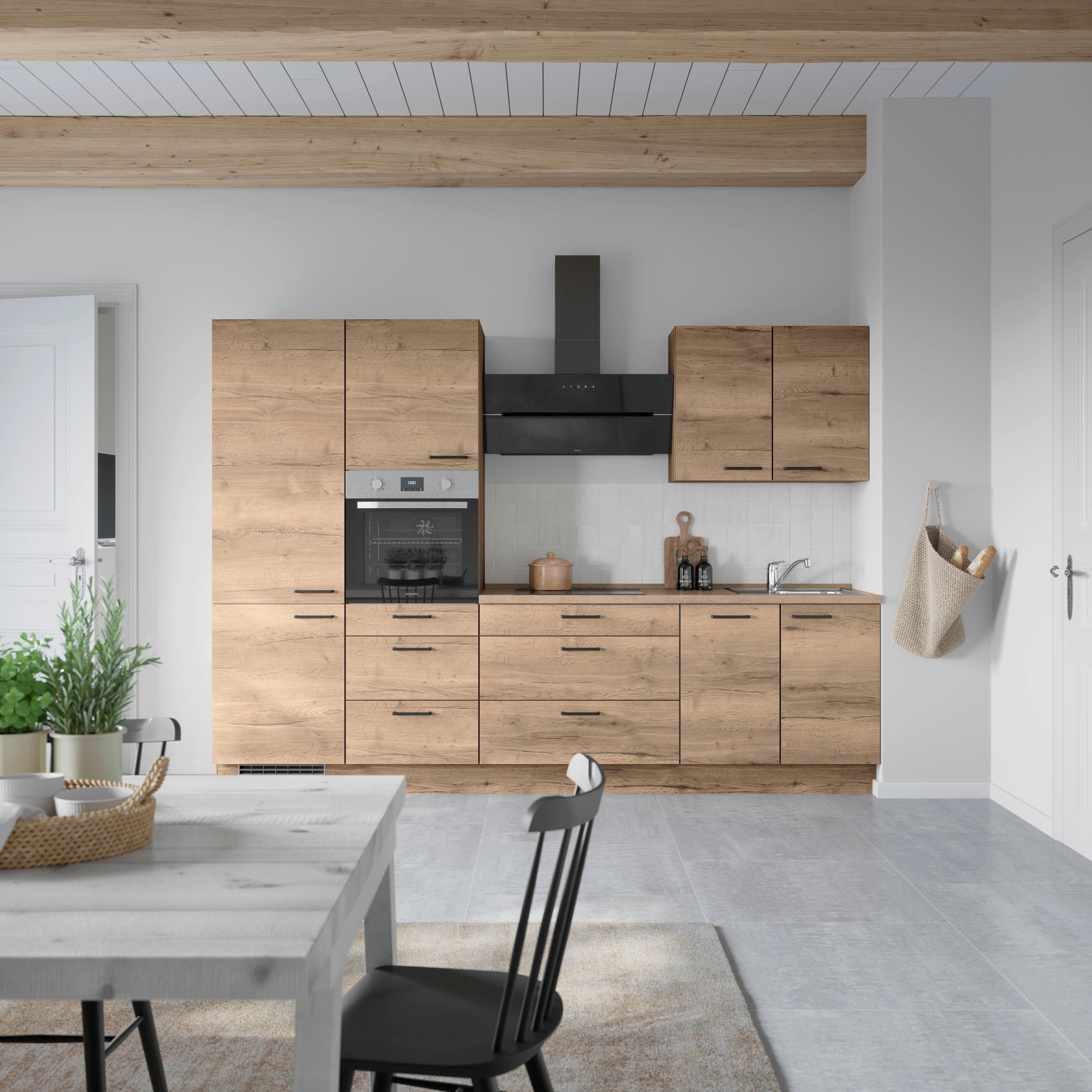 Küchenblock Structura High m. Geräten Eiche dunkel - Eiche dunkel/Schwarz, MODERN, Holzwerkstoff/Metall (300cm) - Nobilia