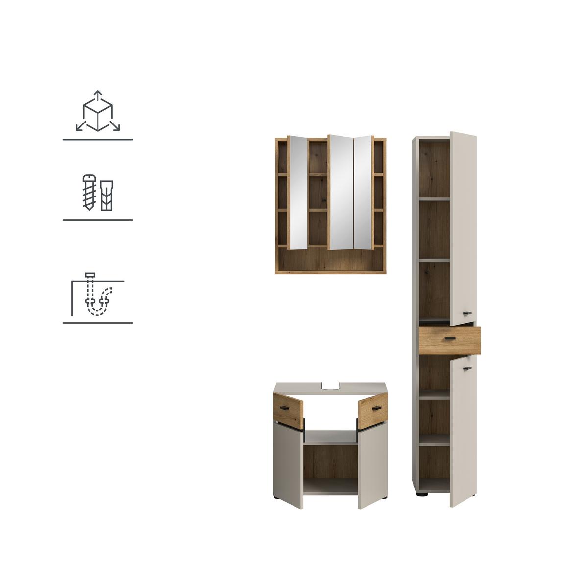 Badezimmer Aqua Eichefarben/Kaschmir 3-teilig - Kaschmir/Eichefarben, Trend, Glas/Holzwerkstoff (92cm) - MID.YOU