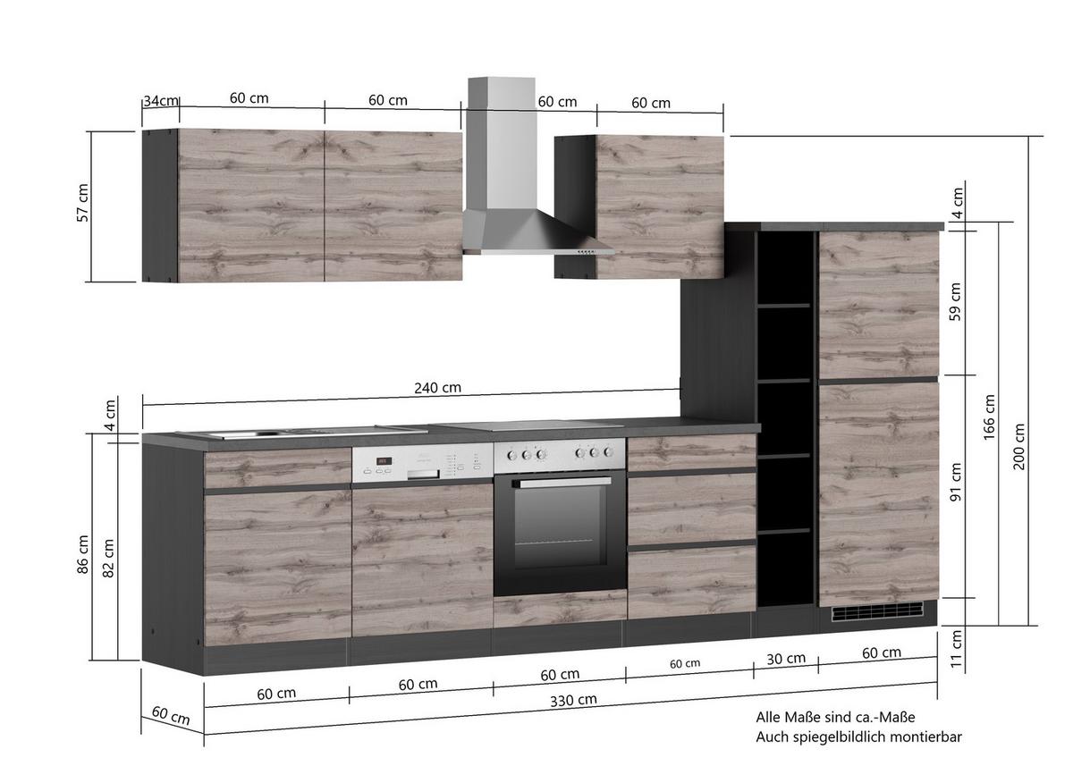 Küchenblock Turin mit Geräten c.a 330 cm Grau/Eiche - Eiche Wotan/Grau, Design, Holzwerkstoff (330cm) - Held