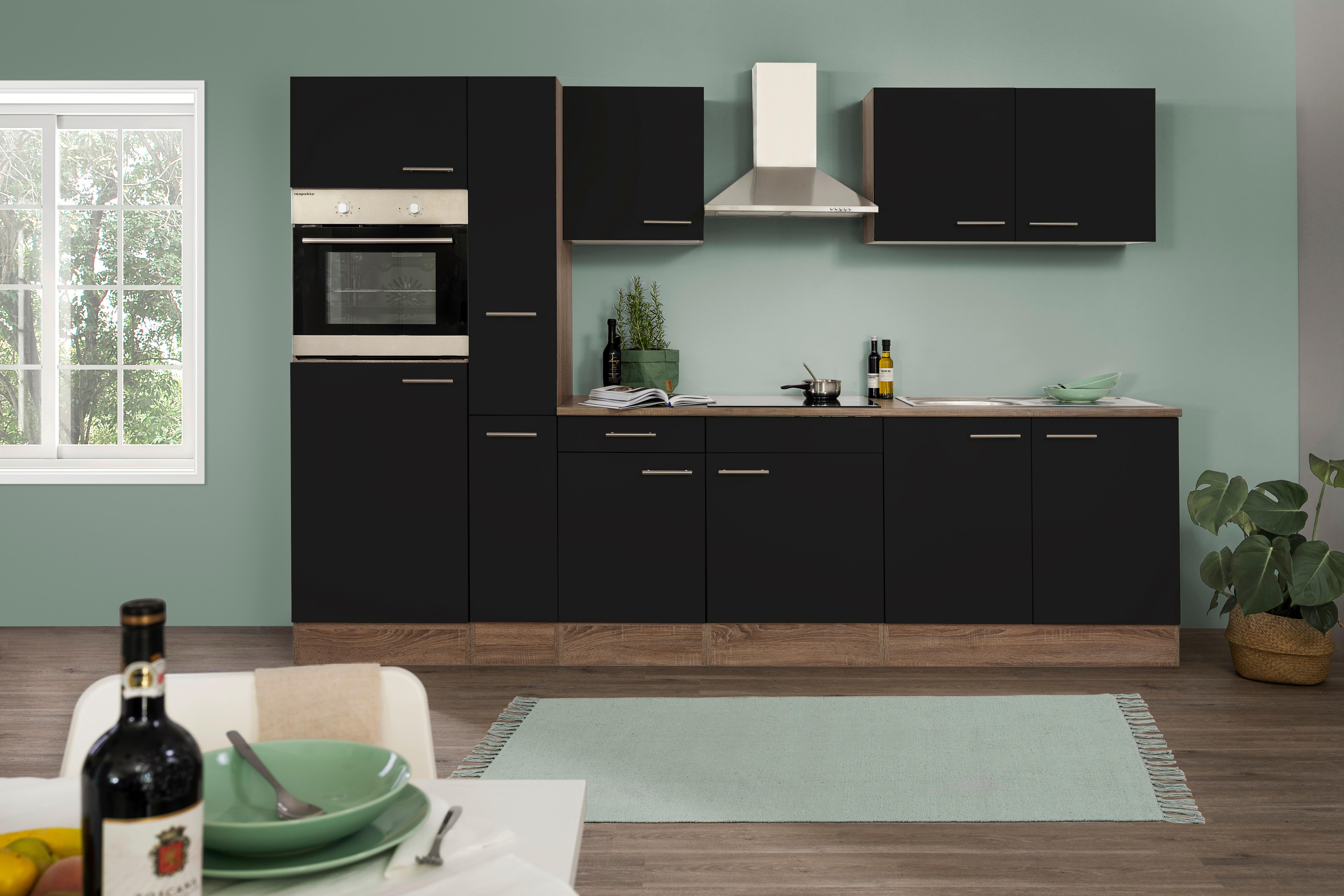 Küchenzeile mit Geräte Schwarz /Eiche Dekor B: ca. 300 cm - Edelstahlfarben/Eichefarben, Design, Holzwerkstoff/Metall (300cm) - Respekta