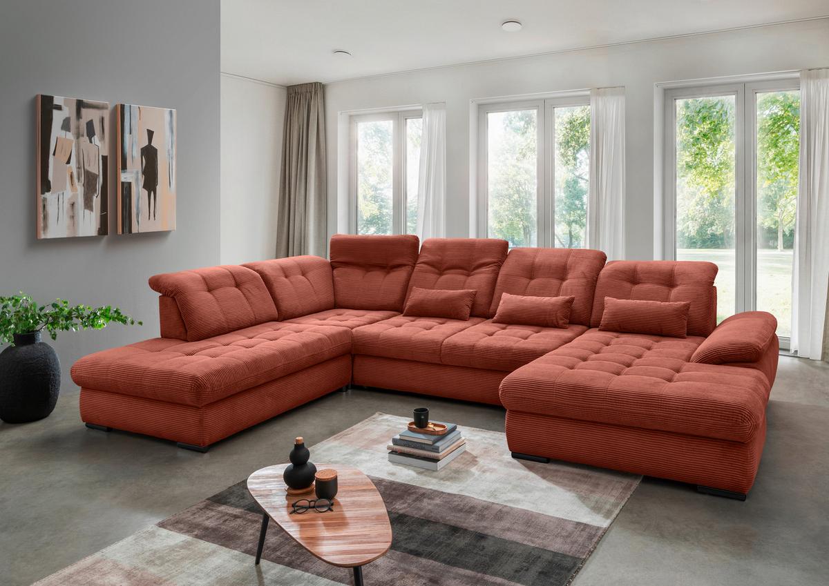 Wohnlandschaft Rigatti Koralle Cord mit Bettkasten - Koralle/Schwarz, MODERN, Textil/Metall (252/387/184cm) - Livetastic