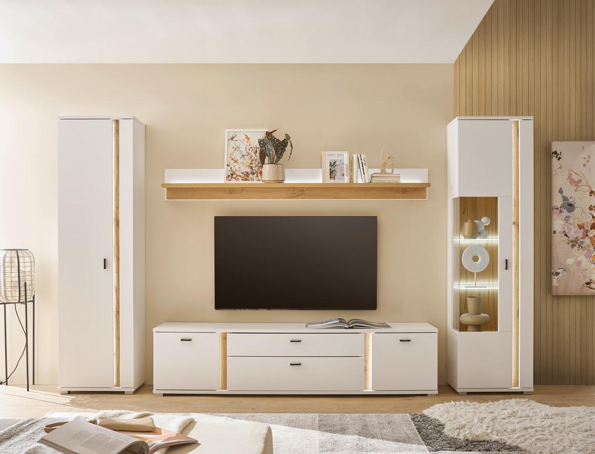 WOHNWAND LONG ISLAND - Eiche Wotan/Silberfarben, Design, Glas/Holzwerkstoff (330/200/42cm) - MID.YOU