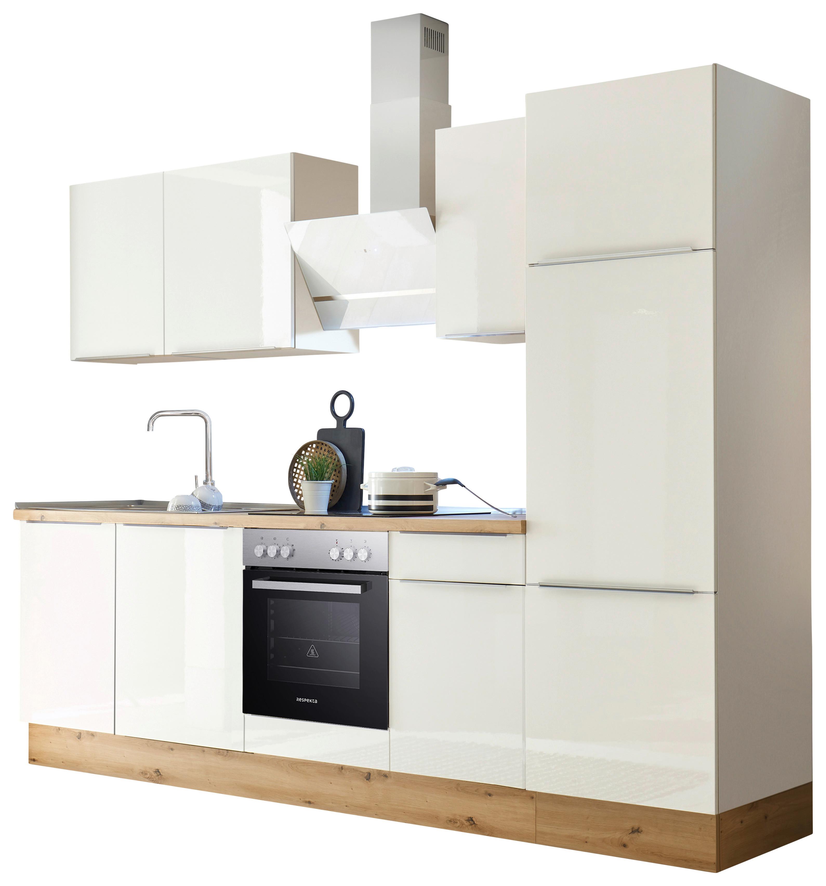 Küchenzeile mit Geräten Weiß Hochglanz B: ca. 280 cm - Weiß Hochglanz/Alufarben, LIFESTYLE, Holzwerkstoff/Kunststoff (280cm) - Respekta