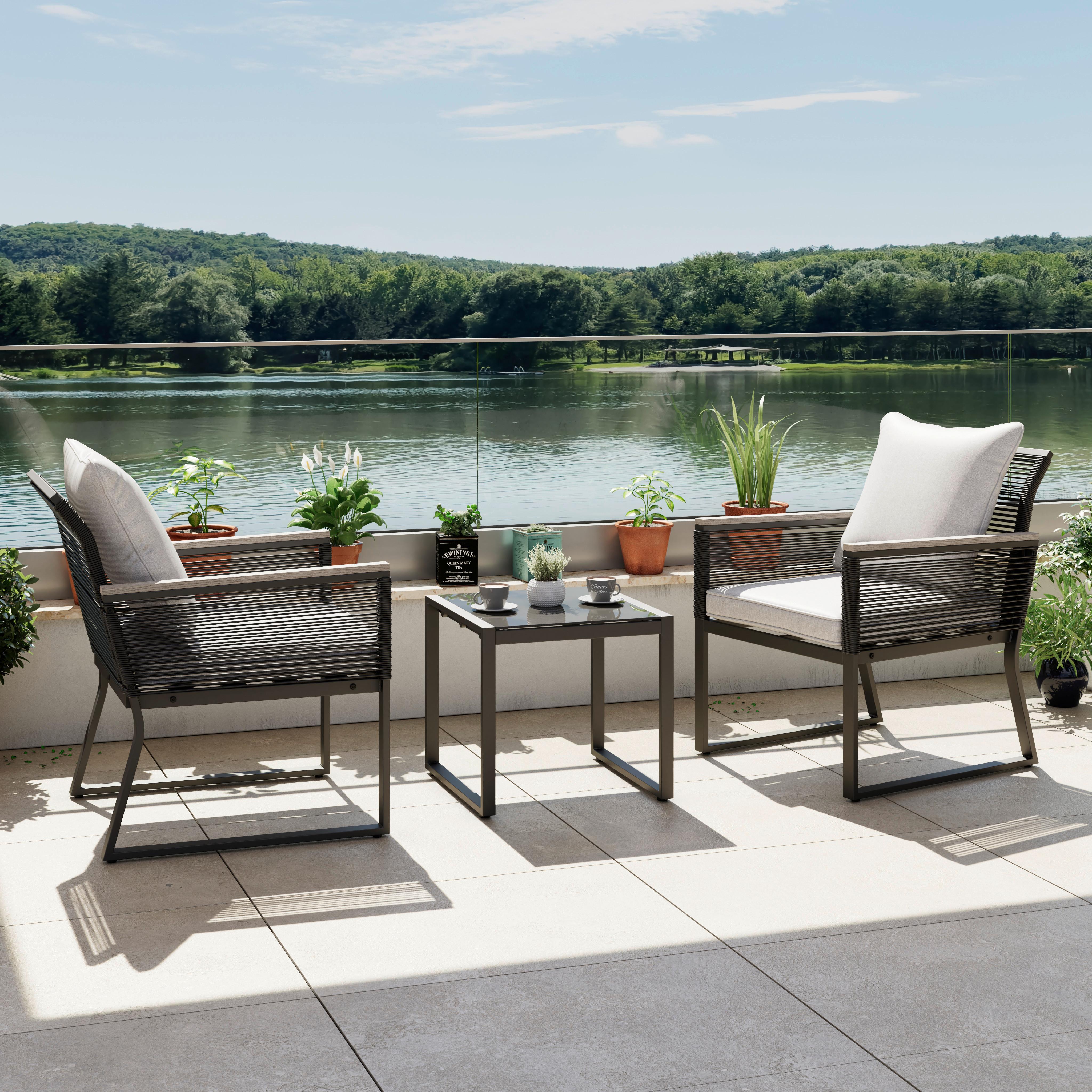 Balkonset Paulina Hellgrau Metall/Outdoorstoff +Abdeckung - Hellgrau/Schwarz, MODERN, Glas/Kunststoff - Bessagi Garden