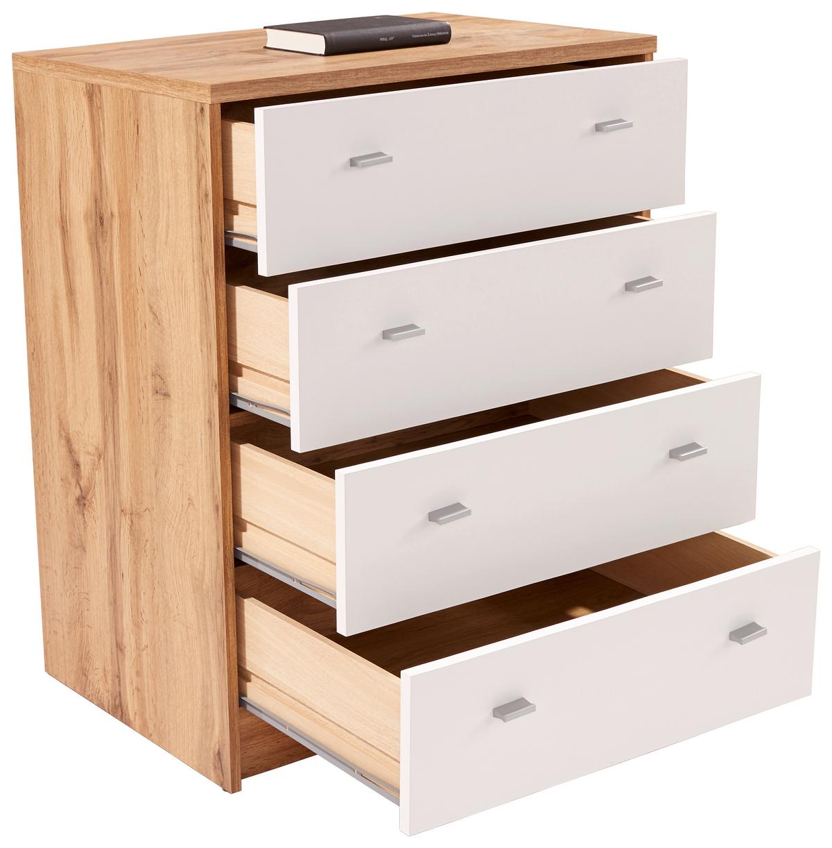 Komód 4 Fiók Tölgy-fehér Szín 4-You - krómszínű/tölgyfa színű, Modern, faalapú anyag (74/85,4/44,5cm)