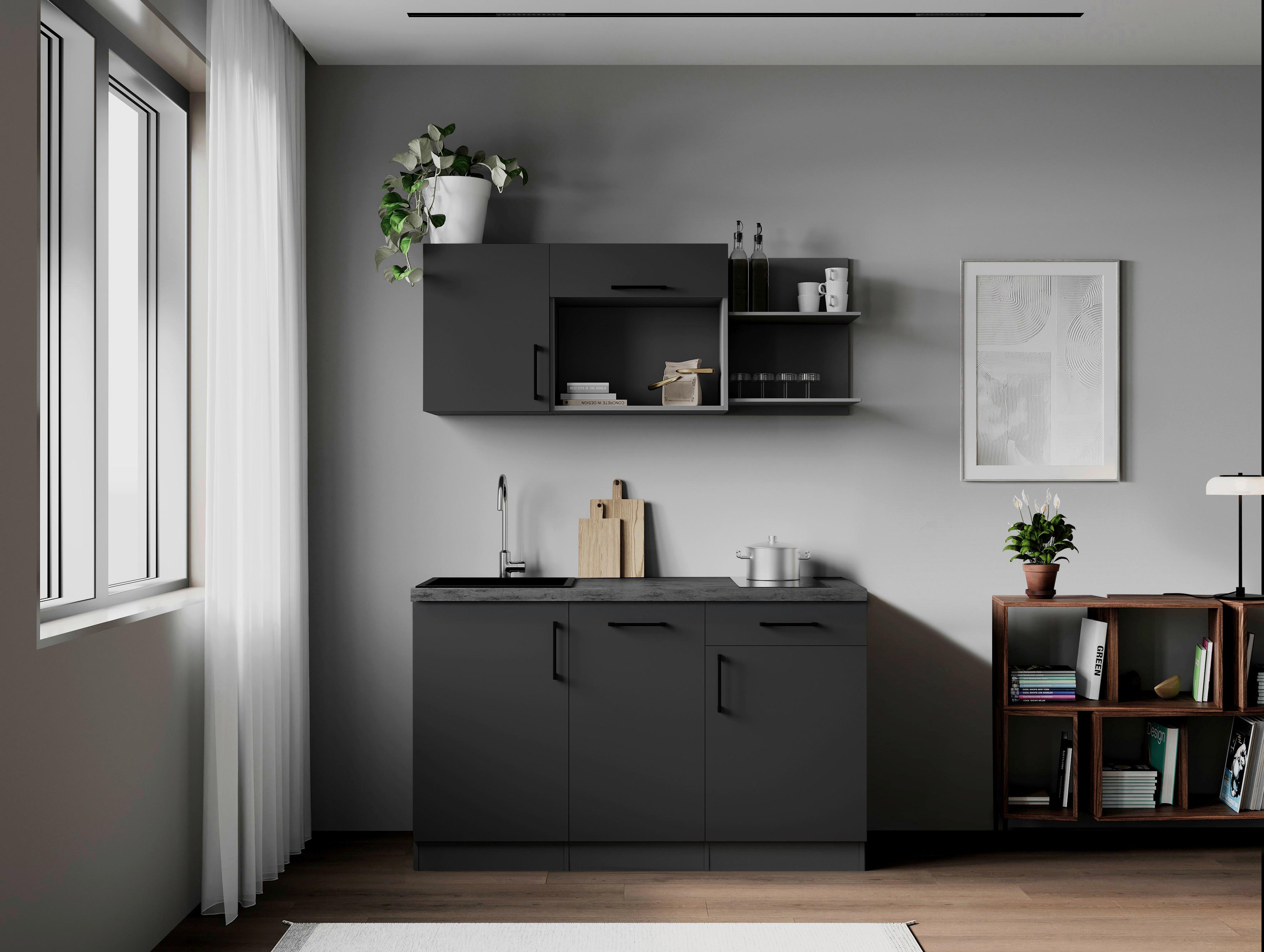 Miniküche Oliver m. Geräten ca. 145cm Grau - Grau, Trend, Holzwerkstoff/Metall (145cm) - Respekta