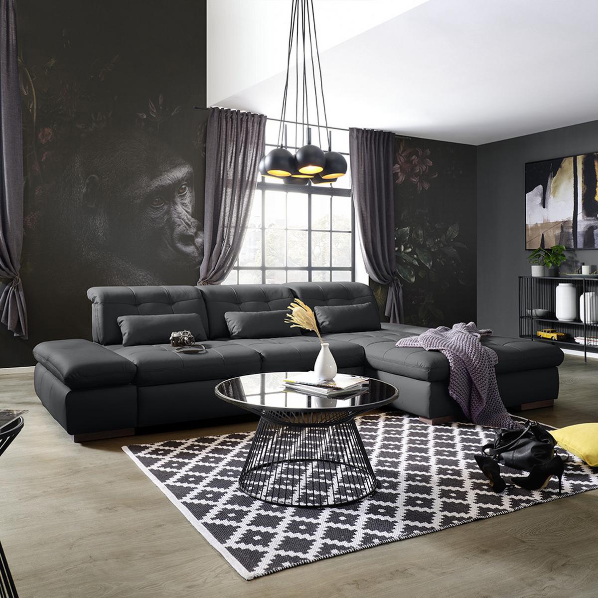 Wohnlandschaft Sanfino Leder Schwarz - Chromfarben/Schwarz, KONVENTIONELL, Leder/Metall (305/79-96/199cm) - Premium Living