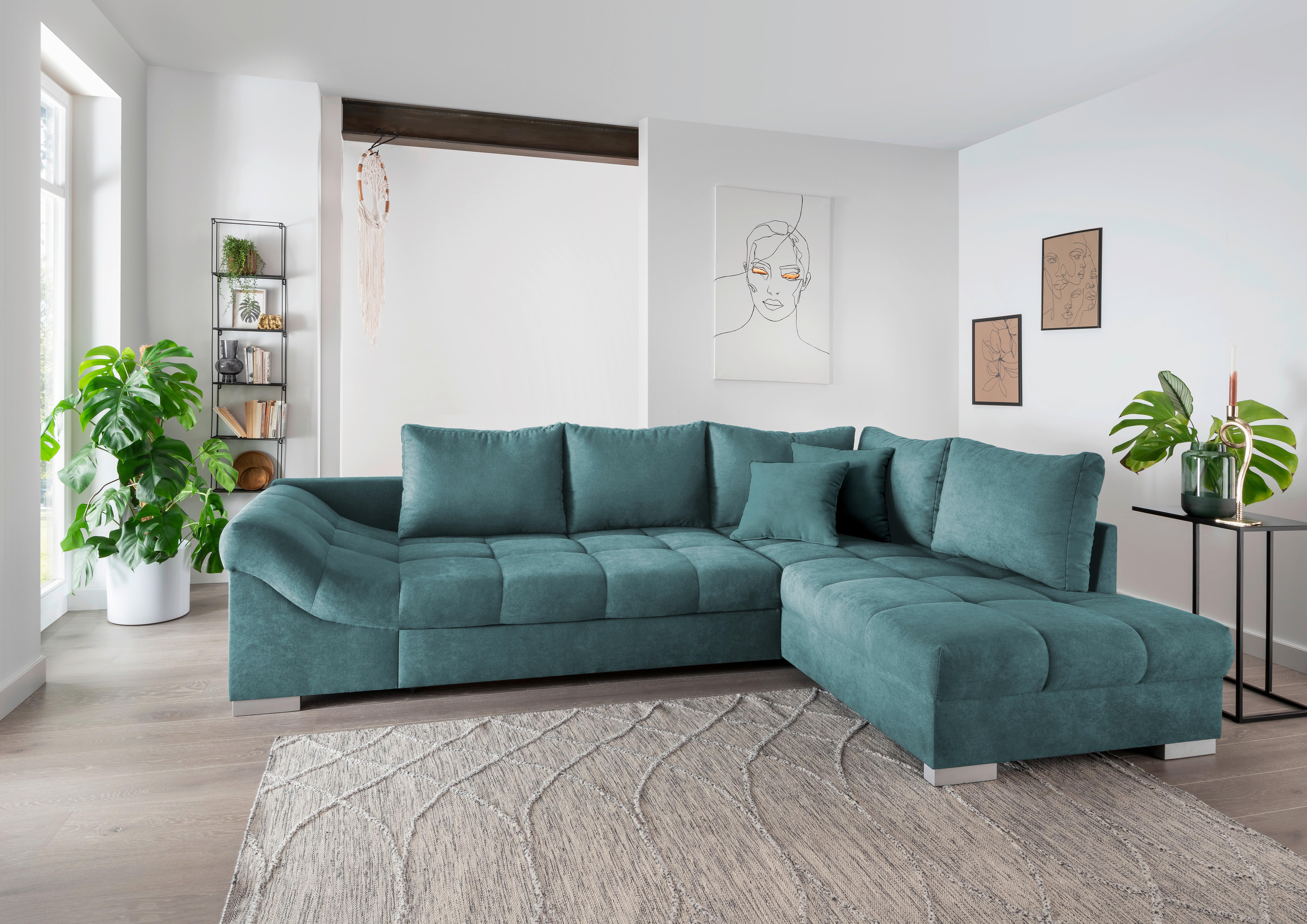 Wohnlandschaft Alvito Petrol Nylon/Mikrofaser - Silberfarben/Petrol, Design, Holz/Textil (298/202cm) - MID.YOU