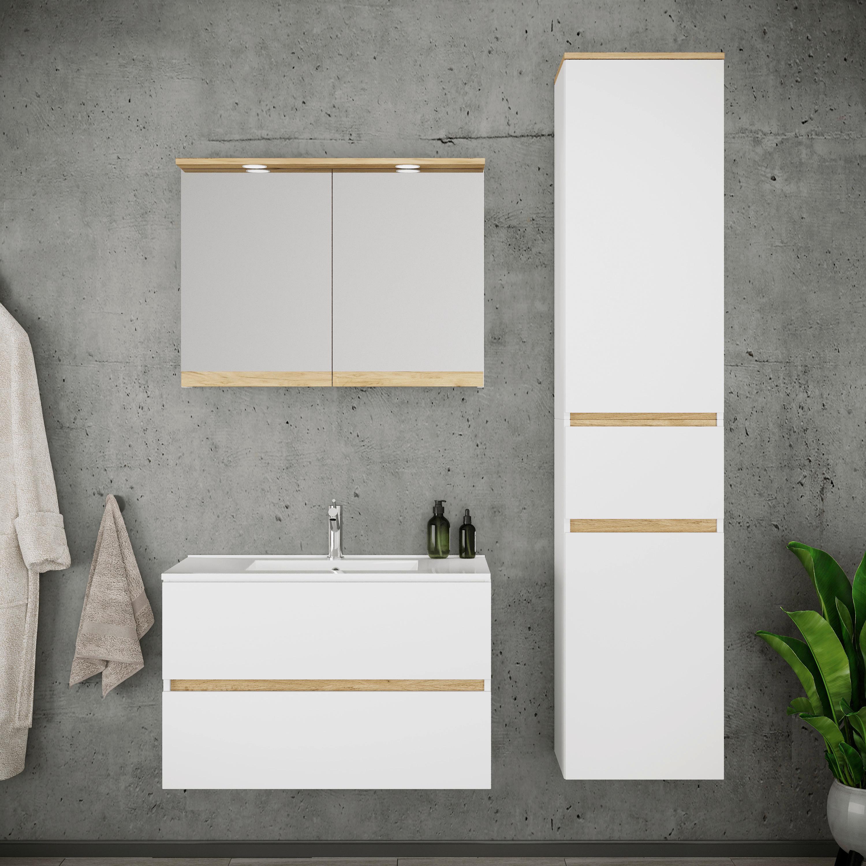 Badezimmer Cosila - Honigeiche/Weiss, Trend, Keramik/Holzwerkstoff (121cm) - MID.YOU