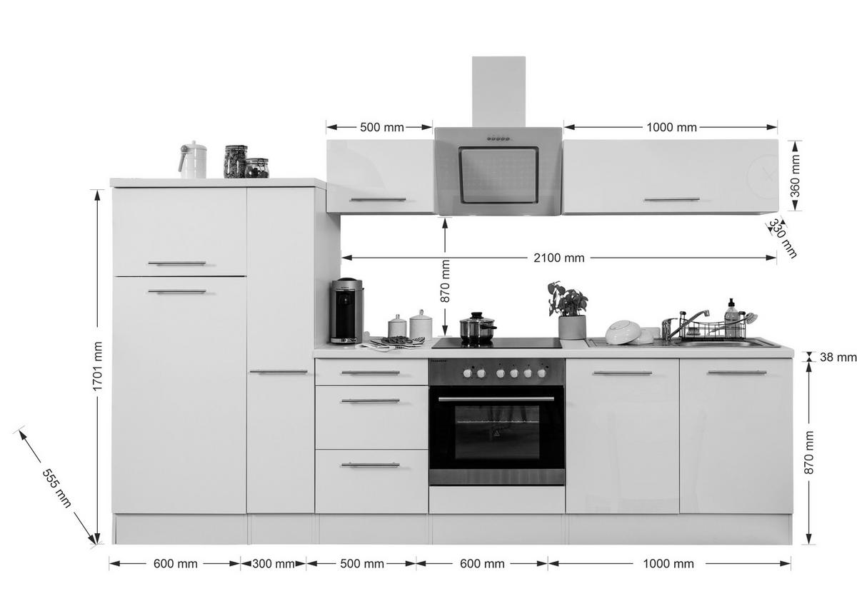 Küchenzeile mit Geräte Schwarz Hochglanz B: ca. 300 cm - Edelstahlfarben/Eichefarben, Basics, Holzwerkstoff/Metall (300cm) - Respekta
