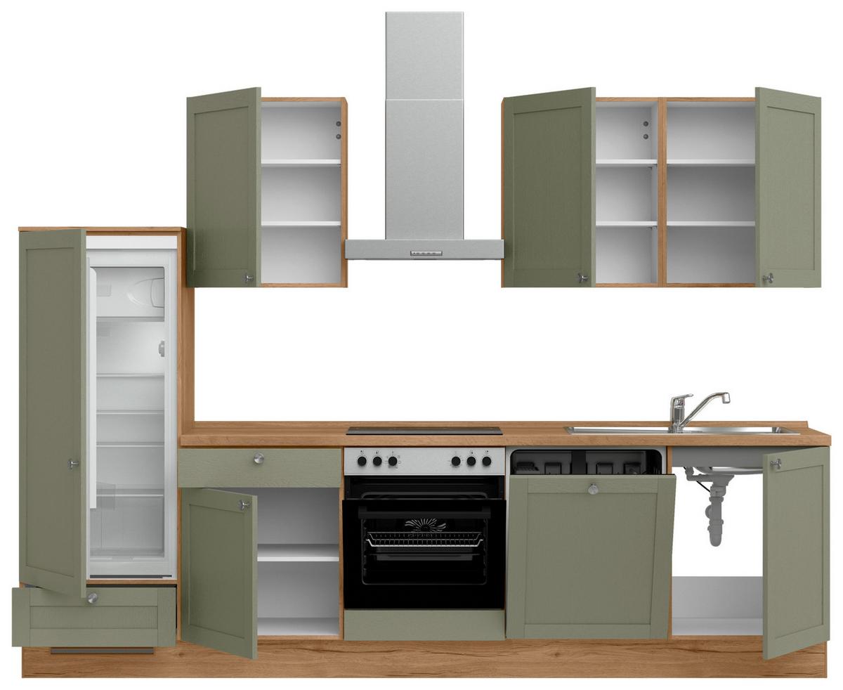 Küchenleerblock Frame Low o. Geräte Olivgrün - Edelstahlfarben/Eichefarben, MODERN, Holzwerkstoff/Metall (300cm) - Nobilia