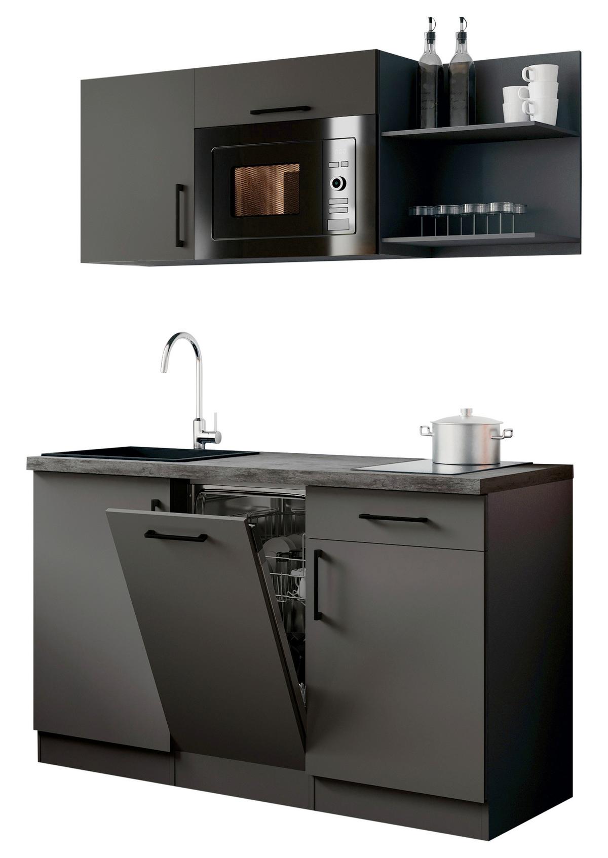Miniküche Oliver m. Geräten ca. 145cm Grau - Grau, Trend, Holzwerkstoff/Metall (145cm) - Respekta