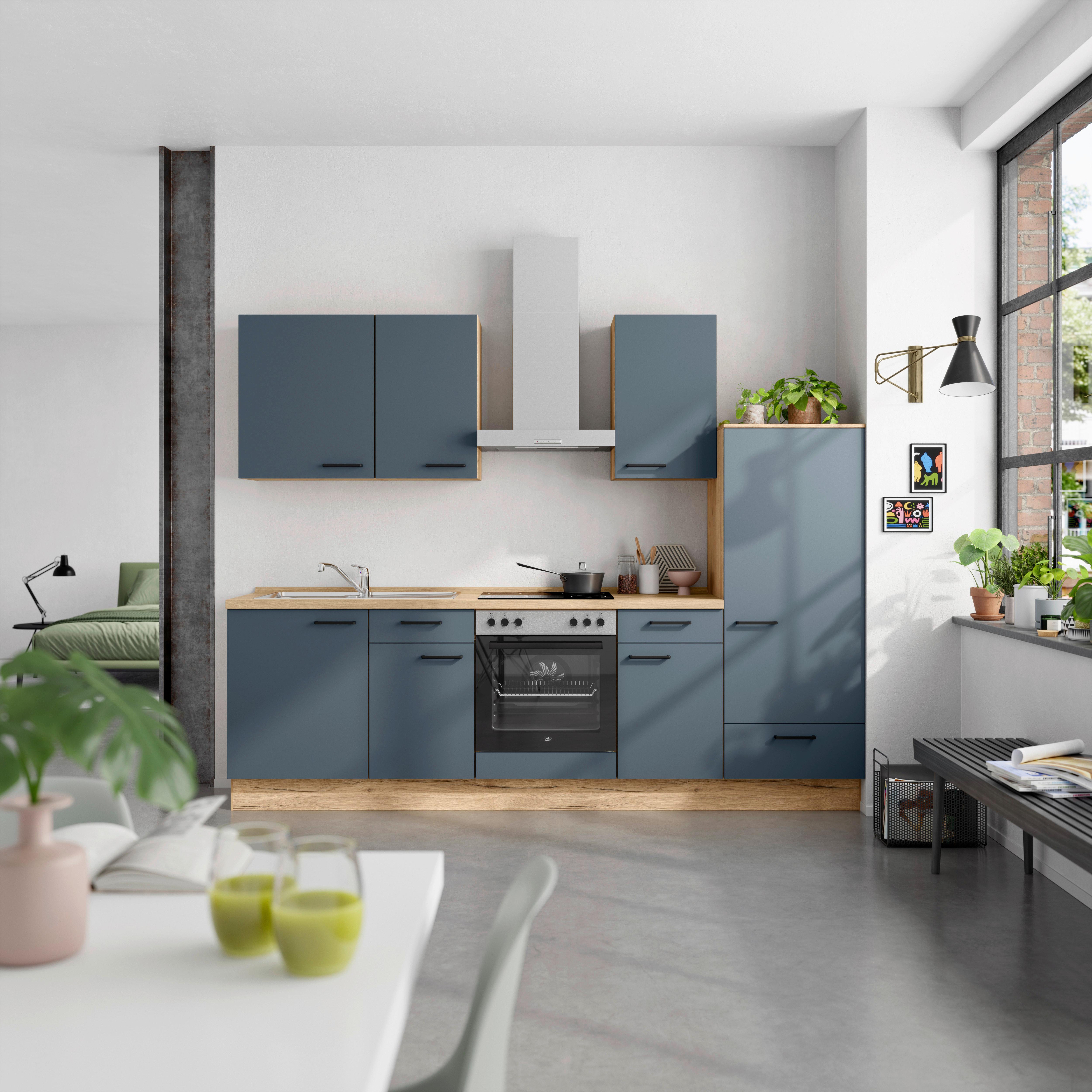 Küchenblock Easytouch Low m. Geräten Blau - Blau/Eichefarben, MODERN, Holzwerkstoff/Metall (270cm) - Nobilia