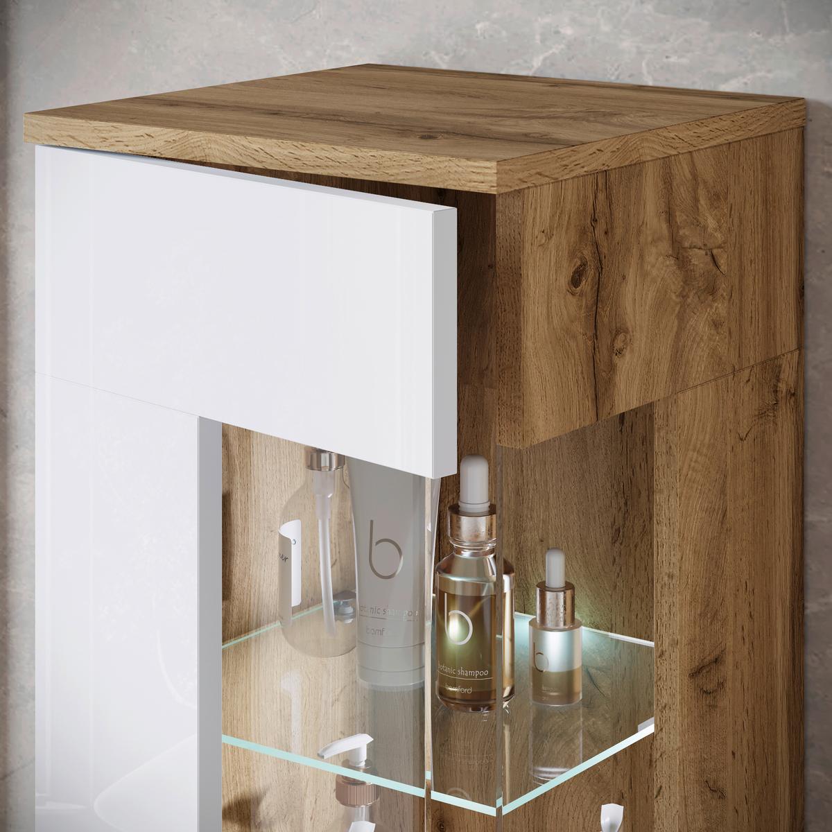 Badezimmer-Set Narobi 5-tlg. mit LED ca. 120 cm Eiche/Weiß - Weiß Hochglanz/Eiche Wotan, Trend, Glas/Keramik (120,4cm) - P & B