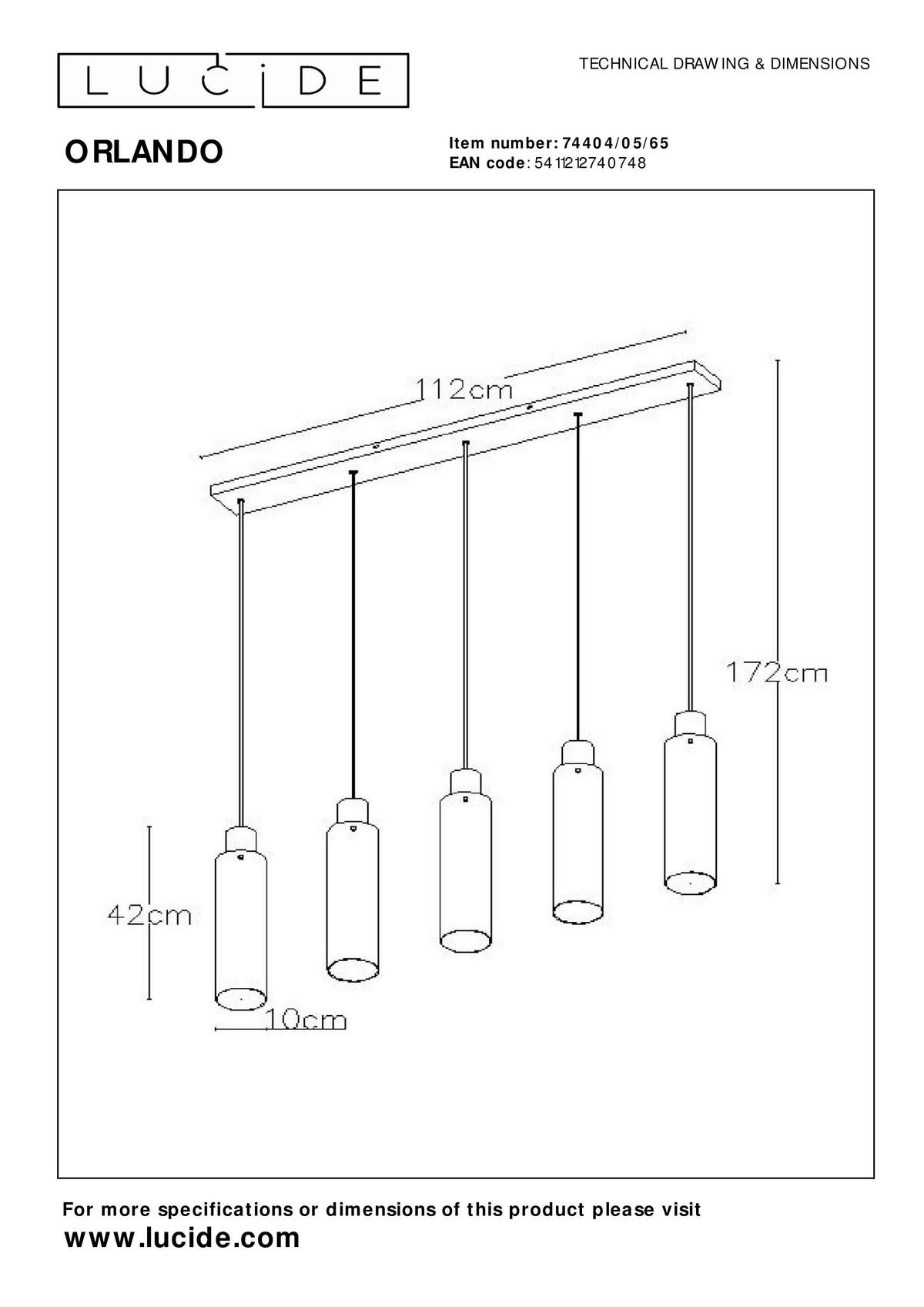 LAMPA WISZĄCA 74404/05/65 ORLANDO - jasnoszary, Design, szkło (112/10/172cm) - Lucide