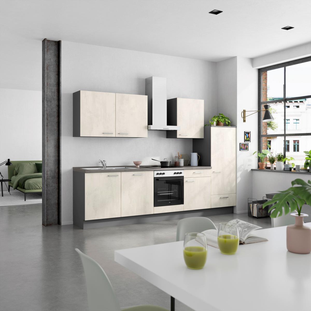 Küchenblock Riva Low m. Geräten Weiß - Schieferfarben/Edelstahlfarben, MODERN, Holzwerkstoff/Metall (300cm) - Nobilia