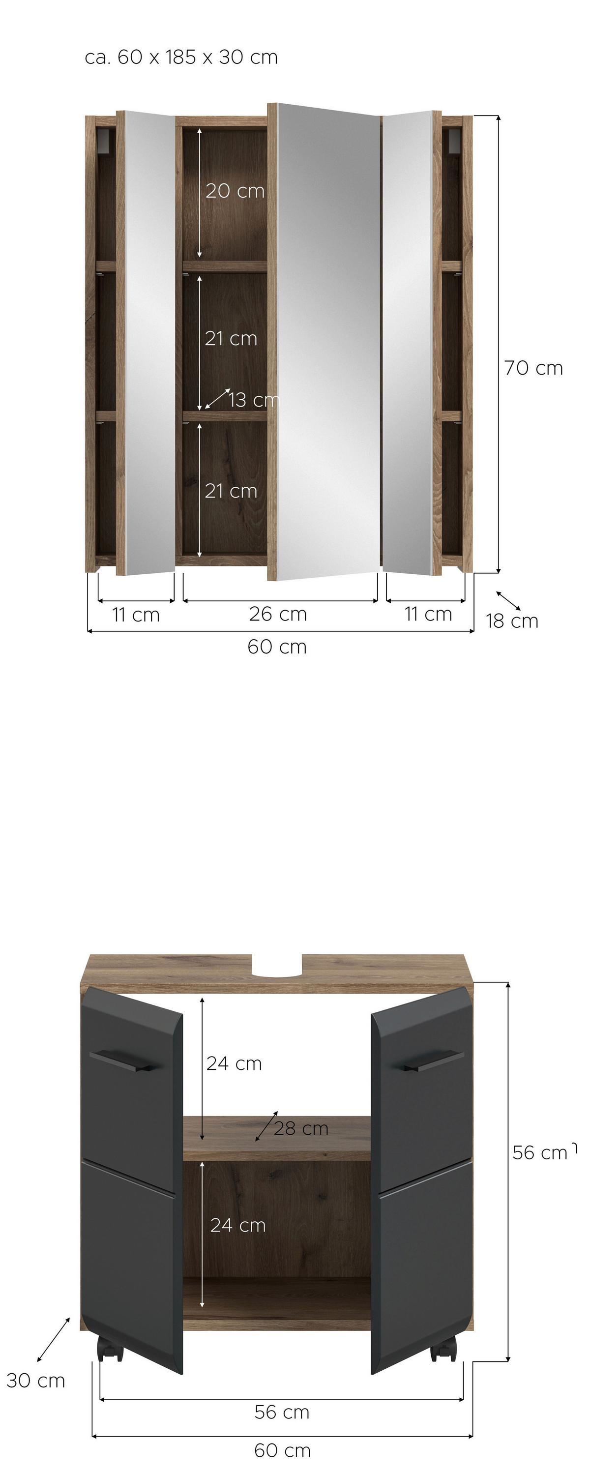 Badezimmer Ice Schwarz/Eiche dunkel 2-teilig - Eiche dunkel/Schwarz, Trend, Glas/Holzwerkstoff (60cm) - MID.YOU