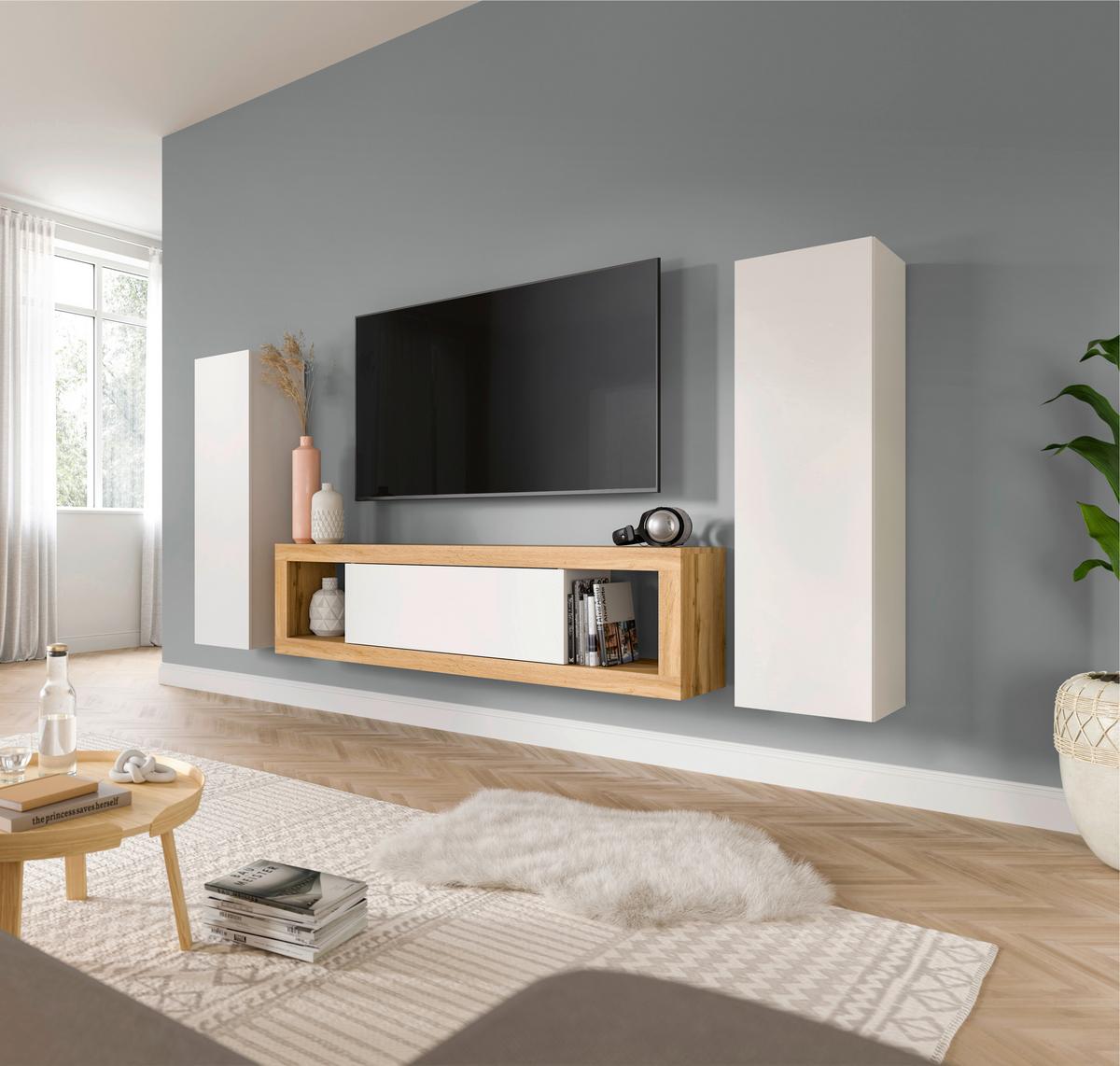 Ansamblu mobilier camera de zi TANGO - alb/stejar Wotan, Design, material pe bază de lemn (240/135/30cm) - Modern Living