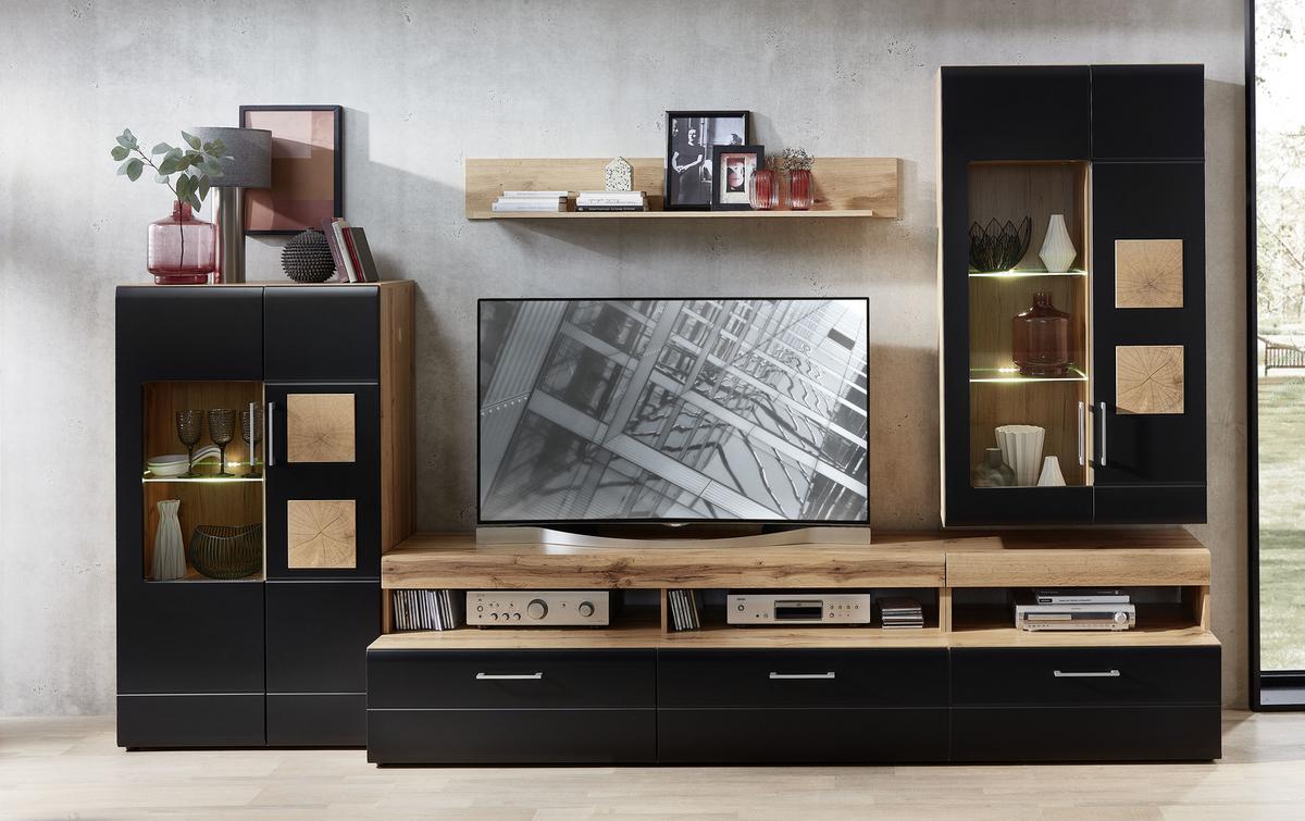 Wohnwand in Schwarz/Eichefarben - Chromfarben/Eichefarben, KONVENTIONELL, Glas/Holzwerkstoff (330/208/52cm) - Mömax
