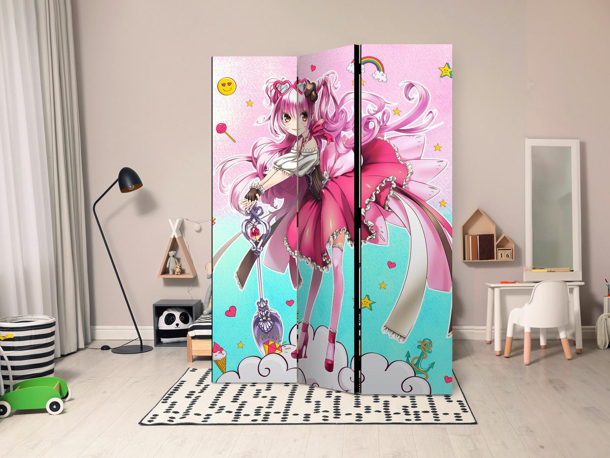 Paravan Sorceress Miko, 3-Delni, Dvostranski - turkizna/pink, Basics, tekstil/les (135/172/3cm) - artgeist