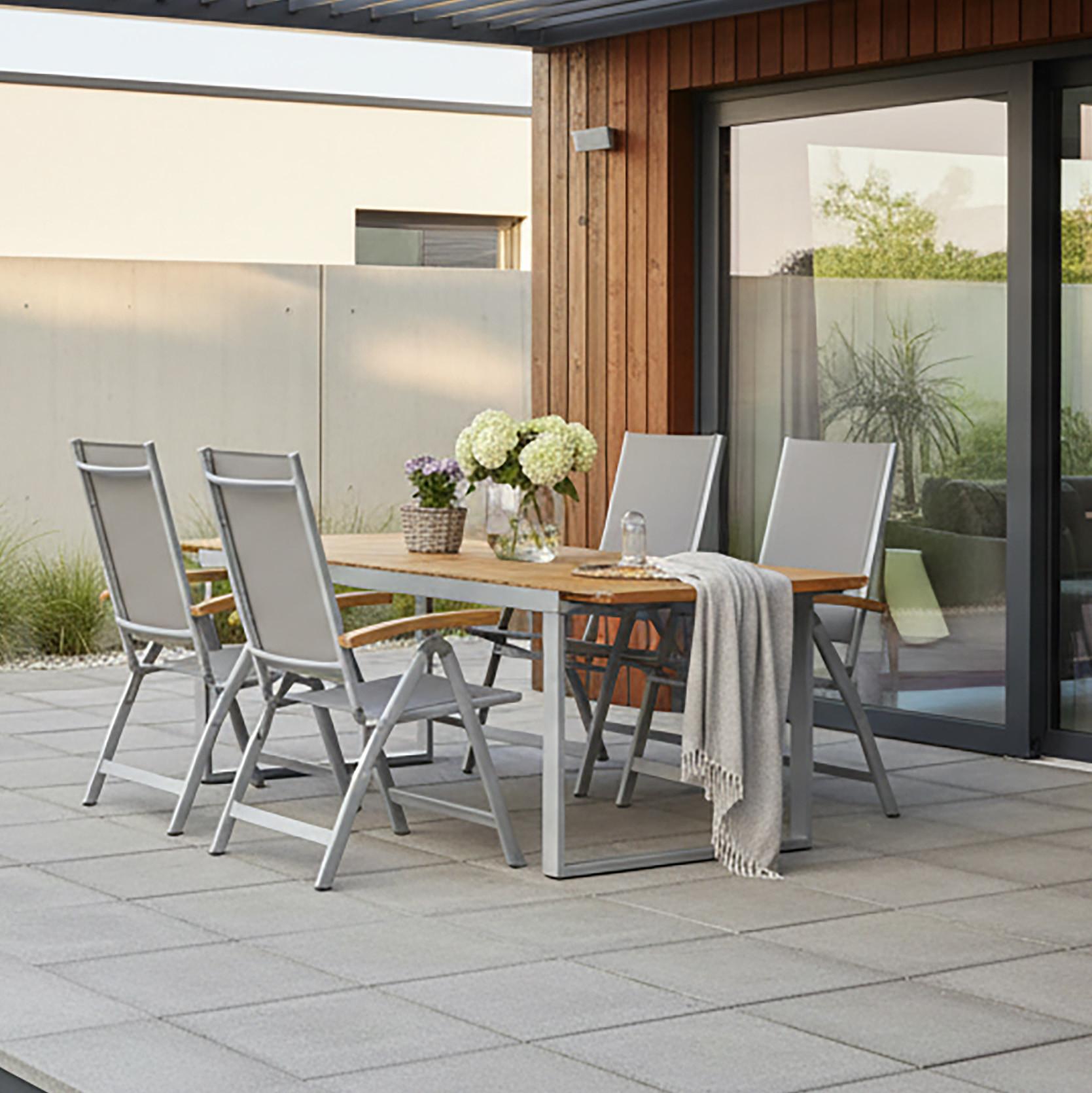 Gartentischgruppe Naxos 5-tlg. Grau/Akaziefarben Echtholz - Silberfarben/Grau, ROMANTIK / LANDHAUS, Holz/Textil (150/90/74cm) - Gardenson