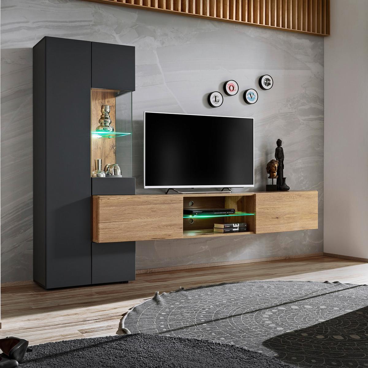 Ansamblu mobilier camera de zi TRY - antracit/stejar Wotan, Modern, sticlă/material pe bază de lemn (210/160/40cm) - Bessagi