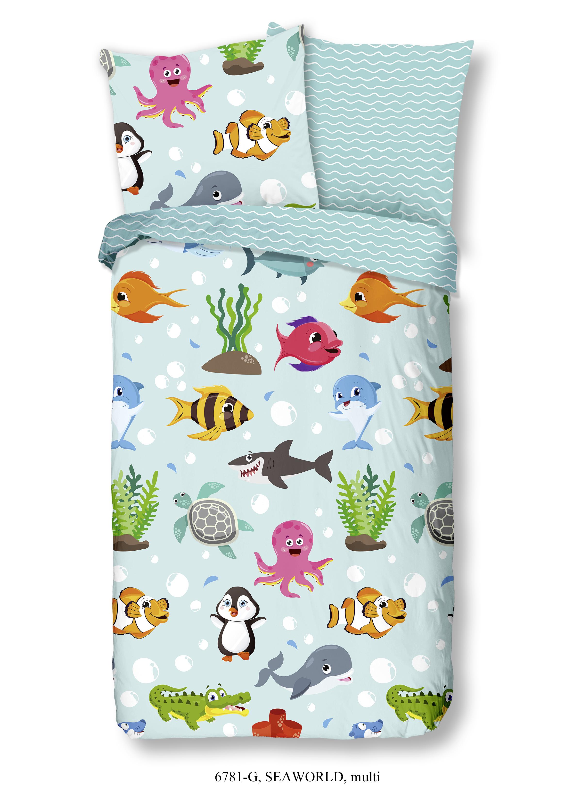 Wende-Kinderbettwäsche Seaworld aus Baumwolle - Türkis, Textil (135/200cm)