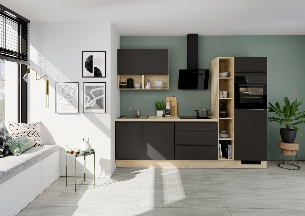 Küchenblock IBZ ohne Geräte ca. 280 cm Braun - Eichefarben/Schwarz, Design, Holzwerkstoff/Metall (280cm) - Impuls