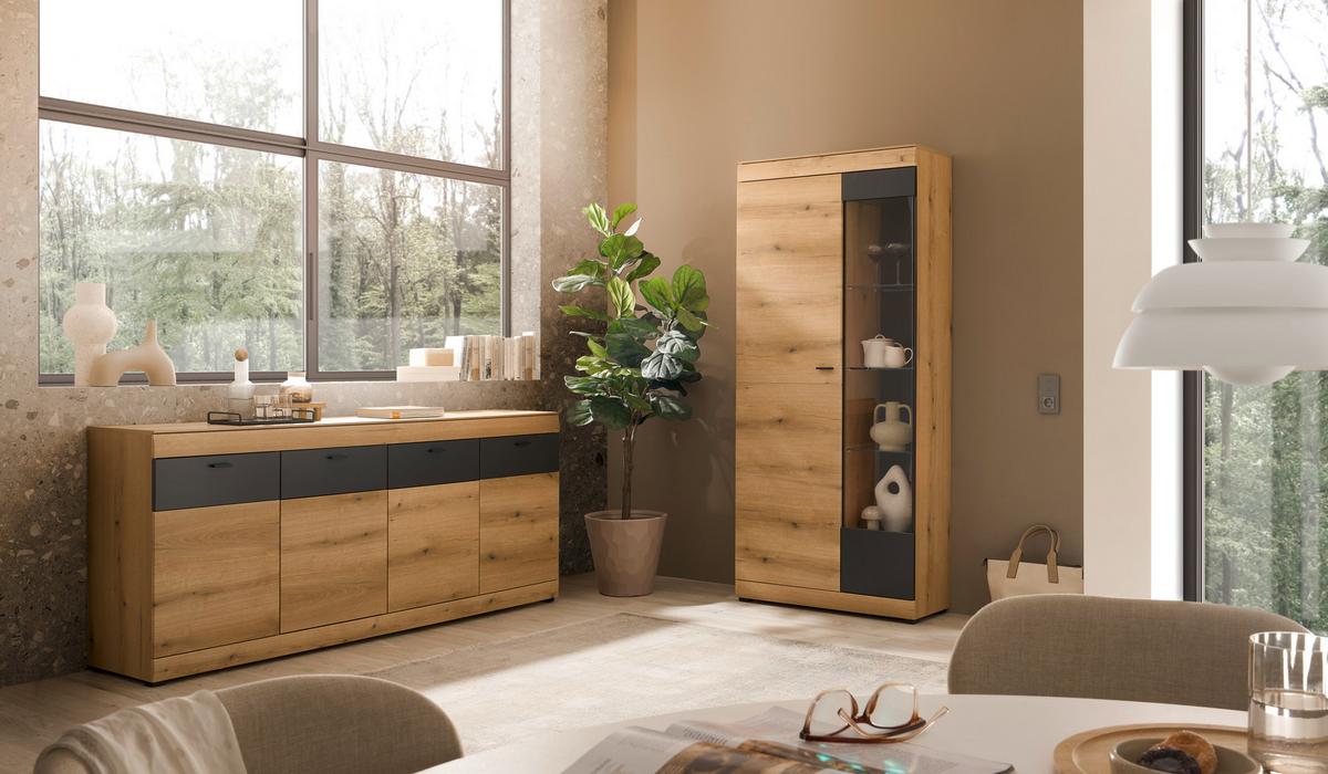 WOHNWAND SOLETO - Eichefarben/Graphitfarben, Design, Glas/Holzwerkstoff - MID.YOU