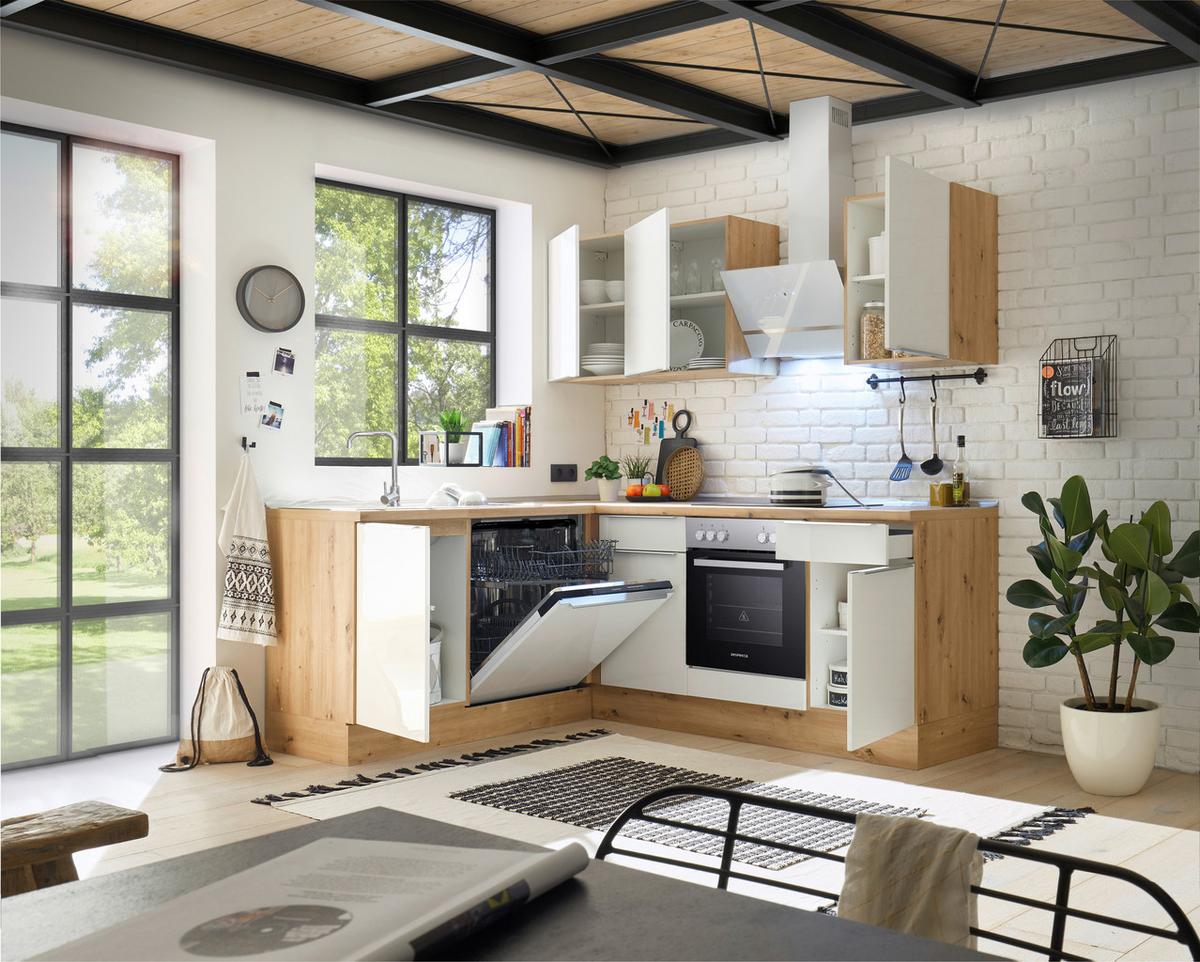 Eckküche Marleen m. Geräten Eiche/Weiß Hochgl ca.220x170cm - Weiß Hochglanz/Alufarben, LIFESTYLE, Holzwerkstoff/Kunststoff (220/170cm) - Respekta