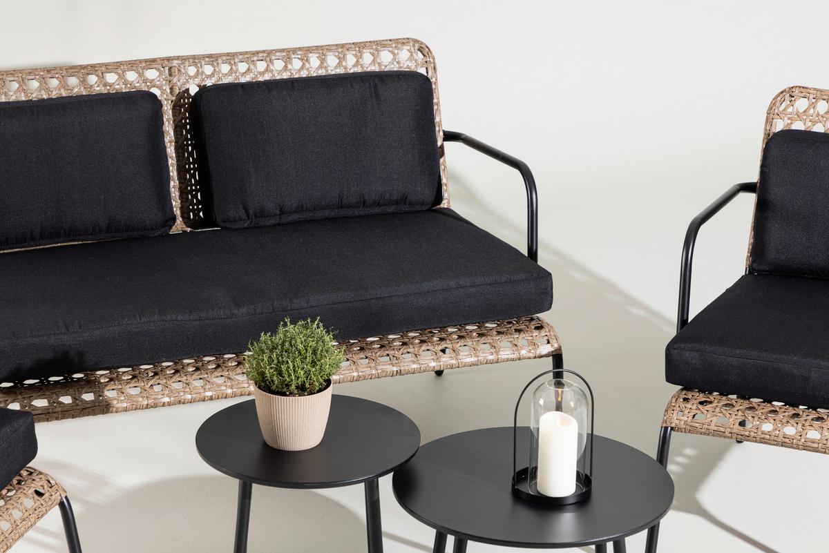 Loungegarnitur Paola 5-tlg. Rattan geflecht - Dunkelgrau/Schwarz, KONVENTIONELL, Naturmaterialien/Holz - Gardenson