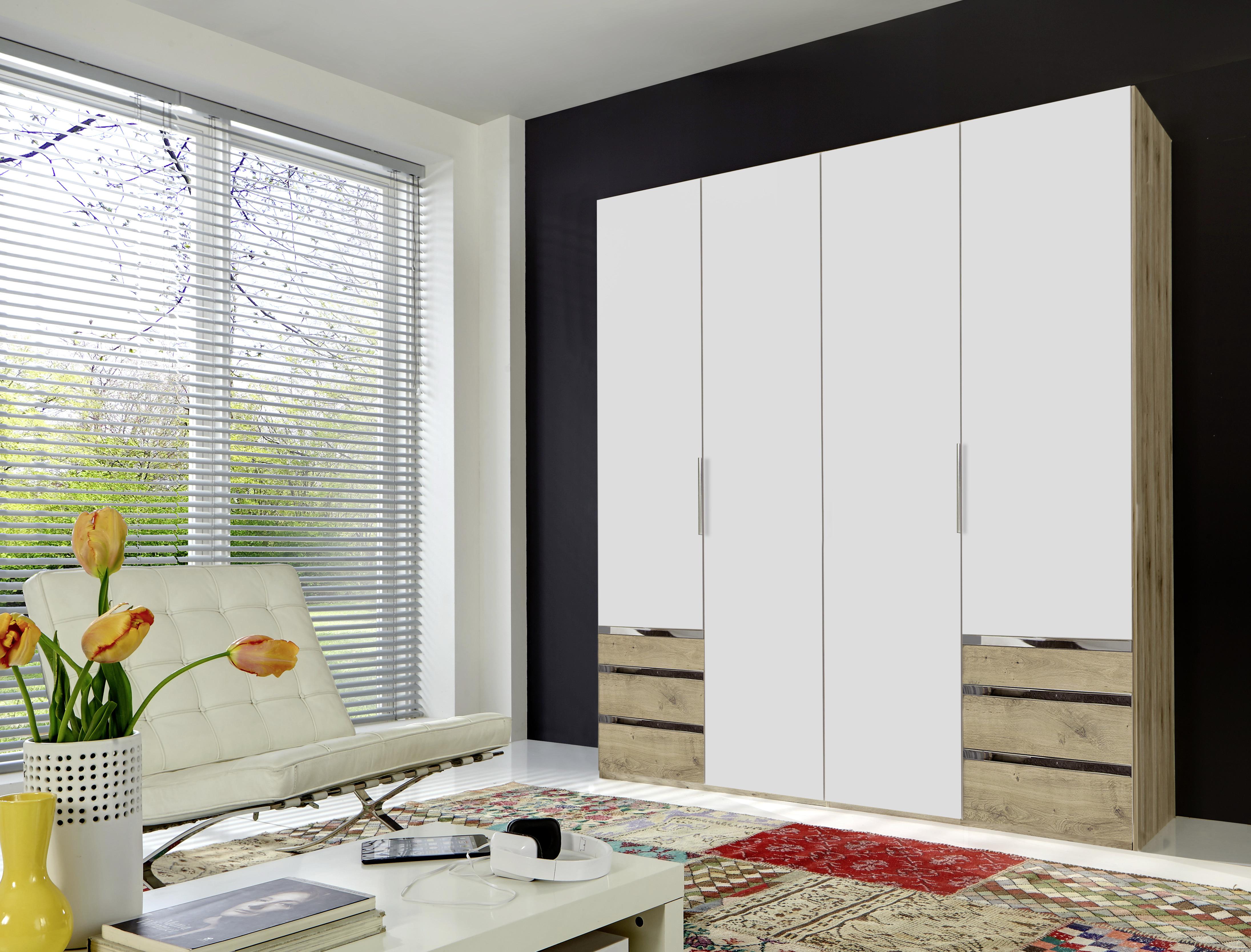 Drehtürenschrank Level 36A B: ca. 200 cm Weiß/Eiche Dekor - Chromfarben/Eichefarben, MODERN, Holzwerkstoff/Kunststoff (200/216/58cm) - MID.YOU