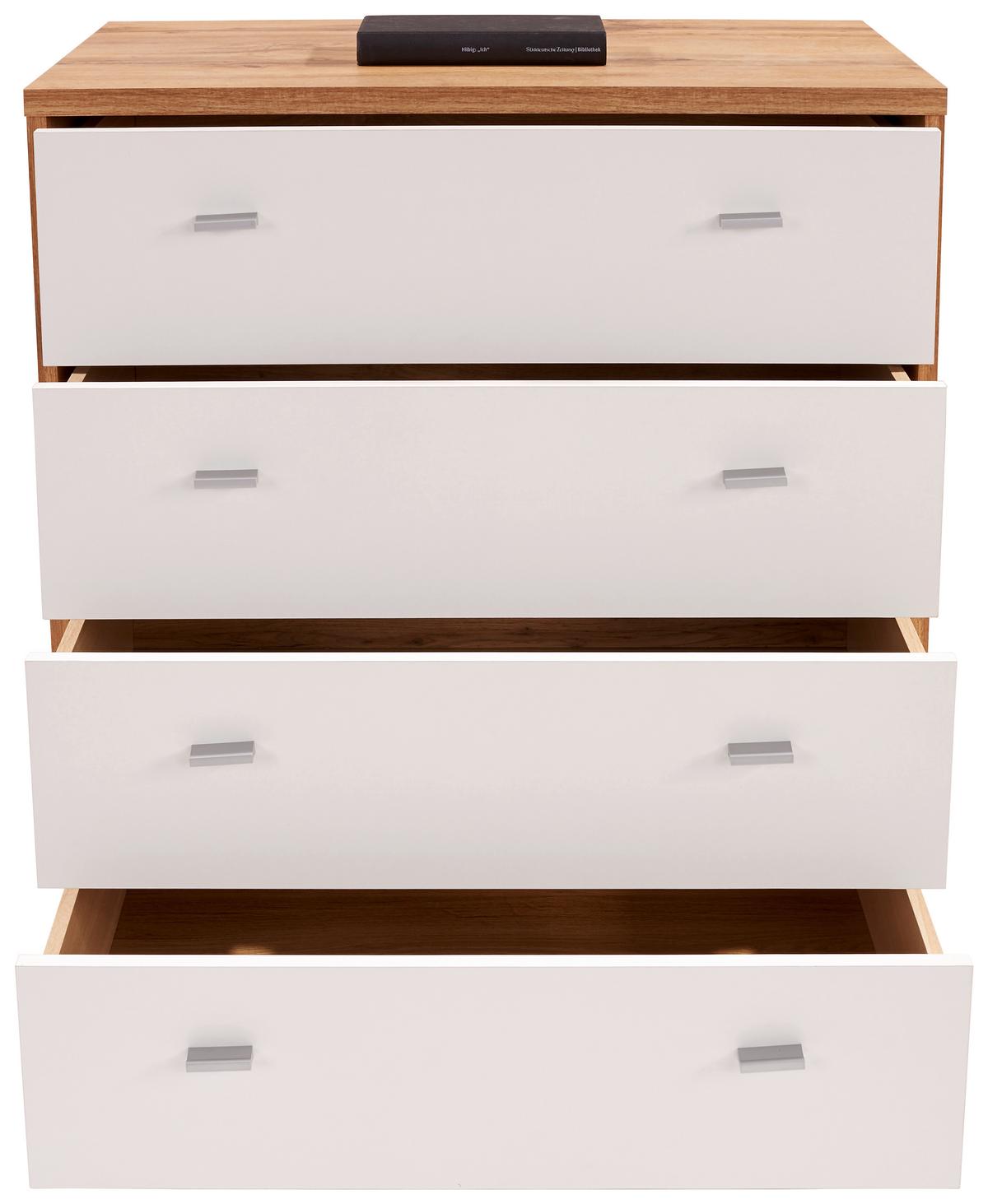 Komód 4 Fiók Tölgy-fehér Szín 4-You - krómszínű/tölgyfa színű, Modern, faalapú anyag (74/85,4/44,5cm)