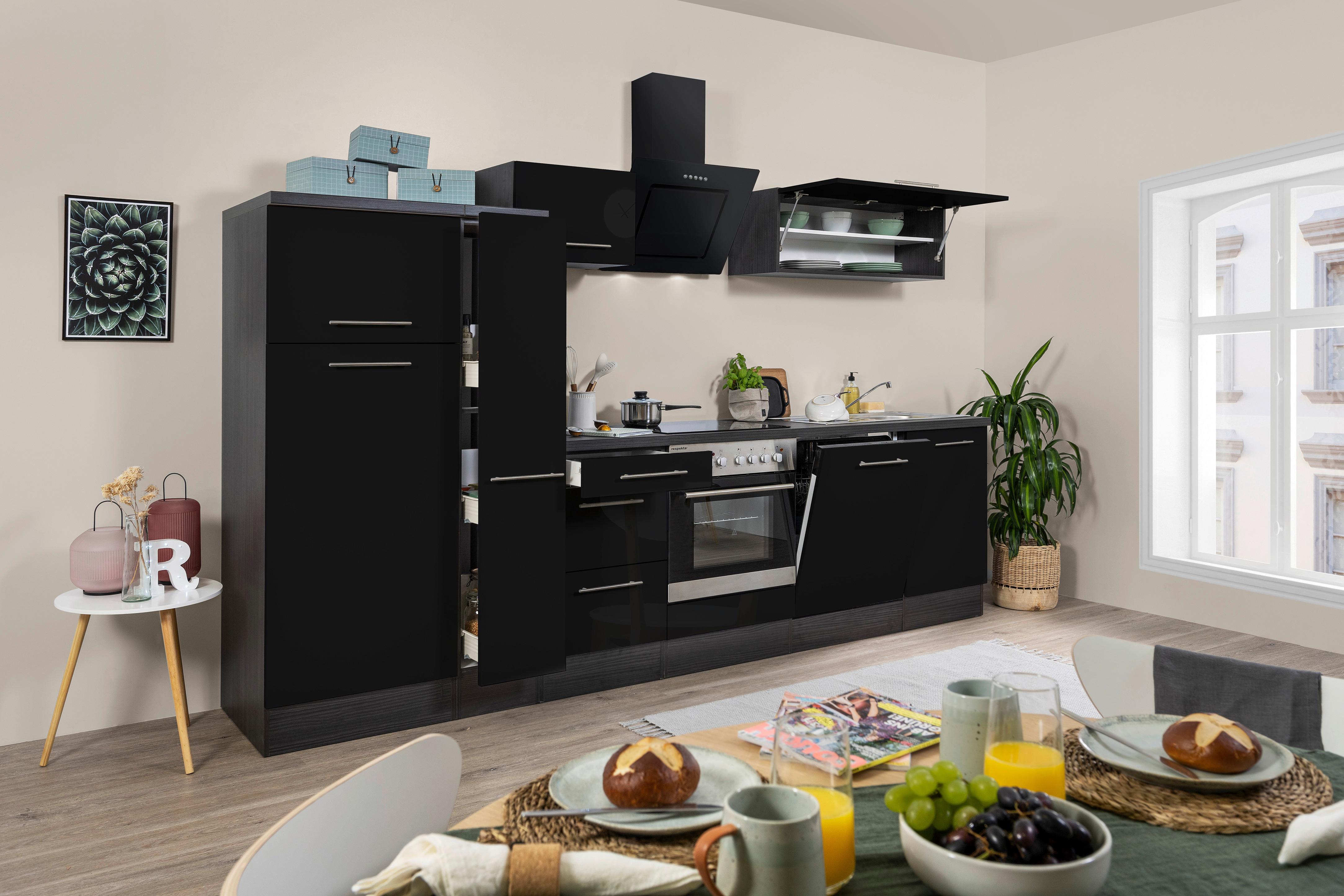 Küchenzeile mit Geräte Schwarz Hochglanz B: ca. 310 cm - Edelstahlfarben/Eichefarben, Basics, Holzwerkstoff/Metall (310cm) - Respekta