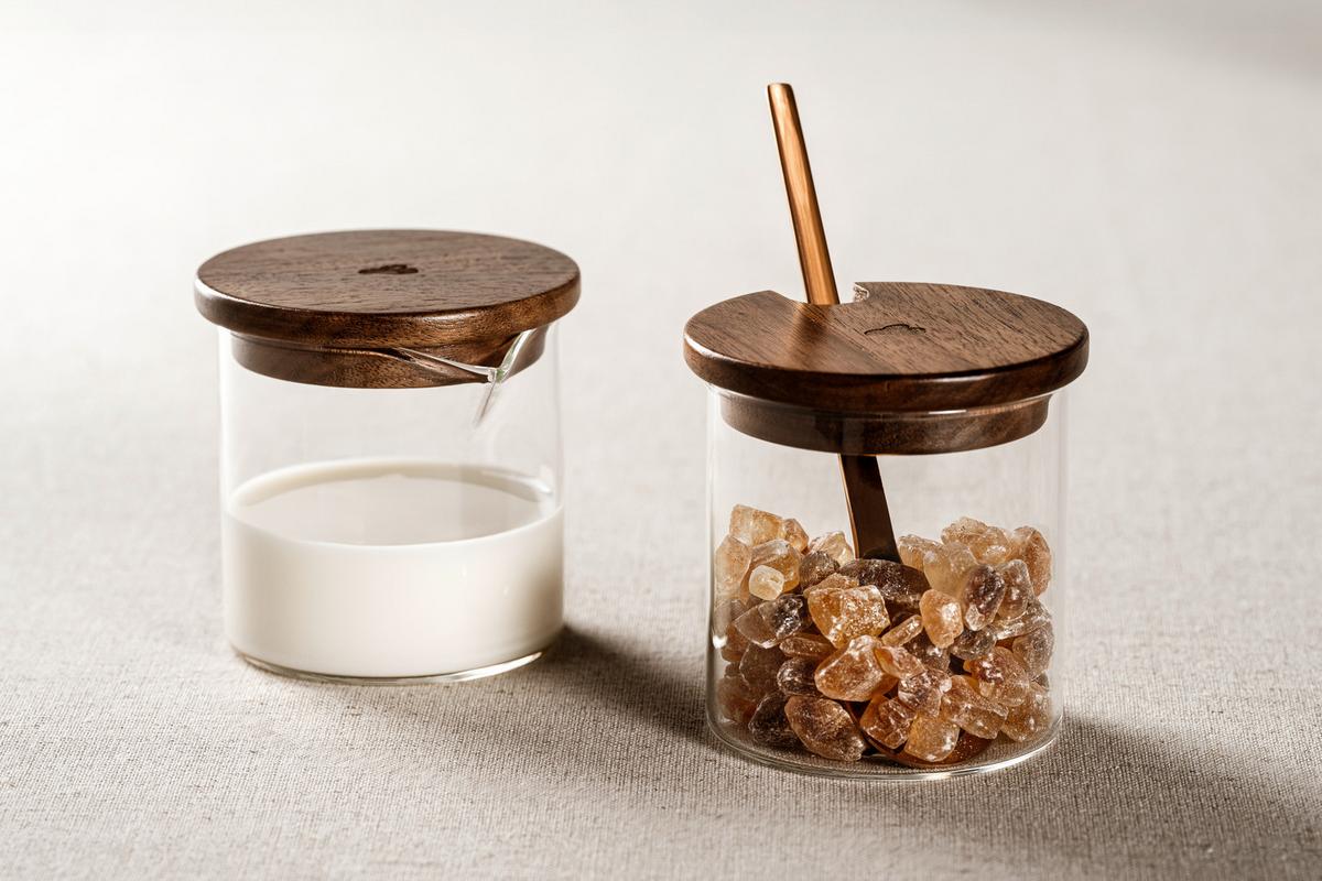 ZESTAW DO MLEKA I CUKRU 055200 - przejrzysty/brązowy, Design, drewno/szkło (7,8/7,5/7,8cm) - Leonardo