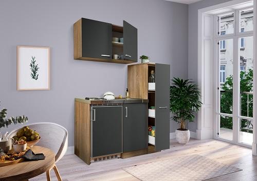 Miniküche Grau/Eiche m. Geräten B: ca. 130 cm - Eichefarben/Grau, MODERN, Holzwerkstoff (130cm) - Respekta