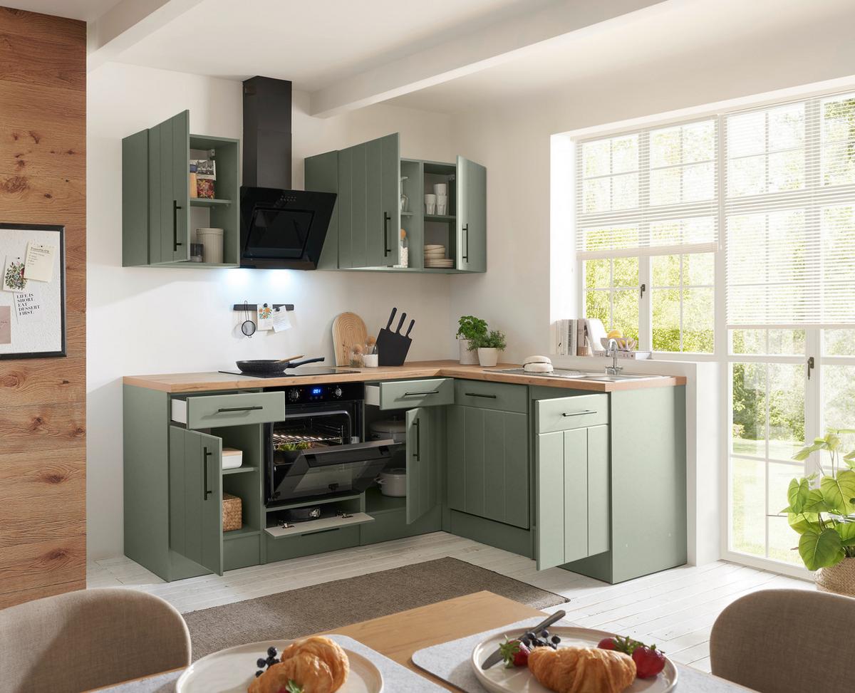 Eckküche Anton m. Geräte ca. 220x172cm Eiche/Schilfgrün - Schilfgrün/Wildeiche, Trend, Holzwerkstoff/Metall (220/172cm) - Respekta