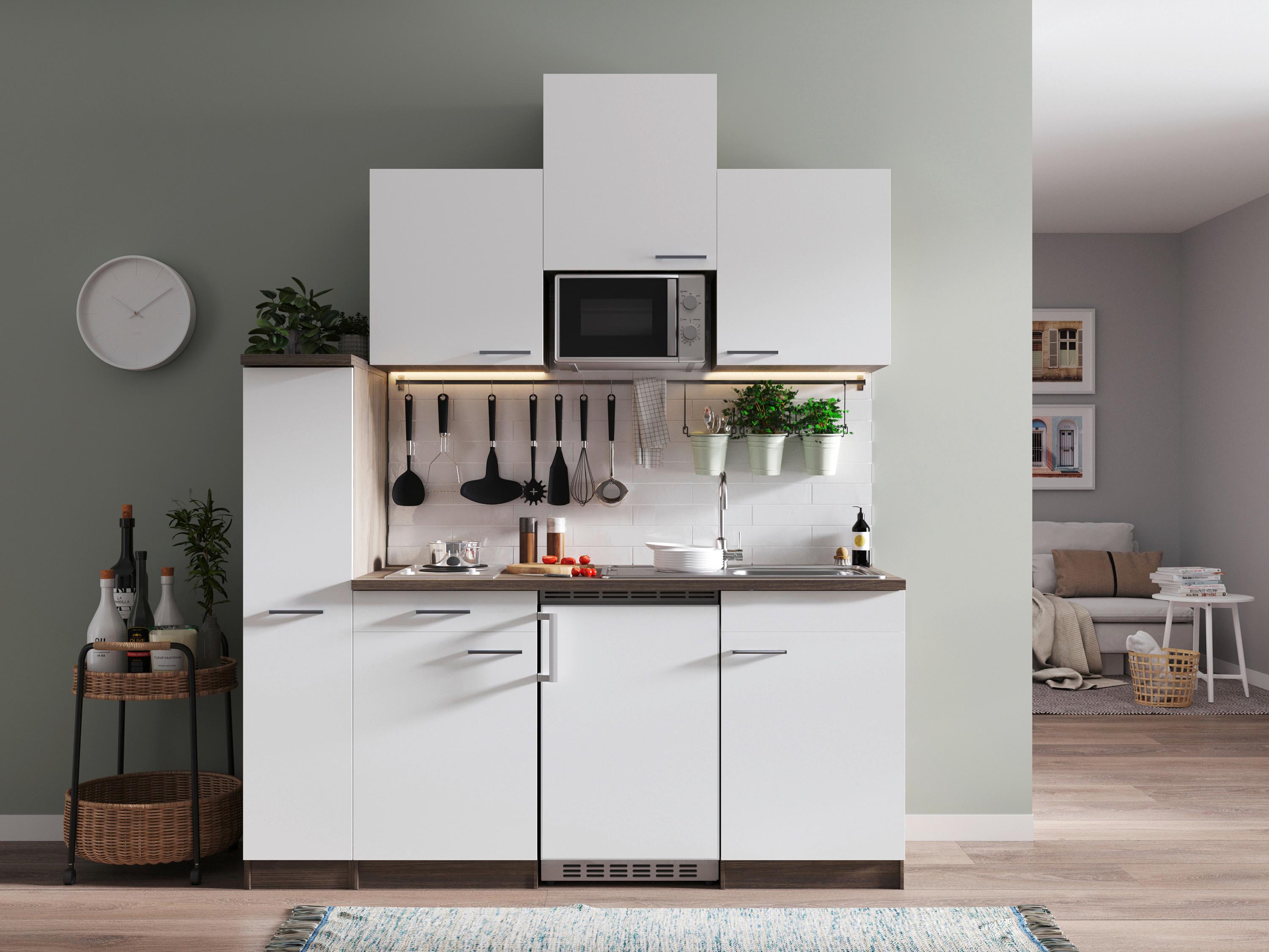 Küchenblock Oliver m. Geräten Weiß - Eichefarben/Alufarben, Basics, Holzwerkstoff/Kunststoff (180cm) - Respekta