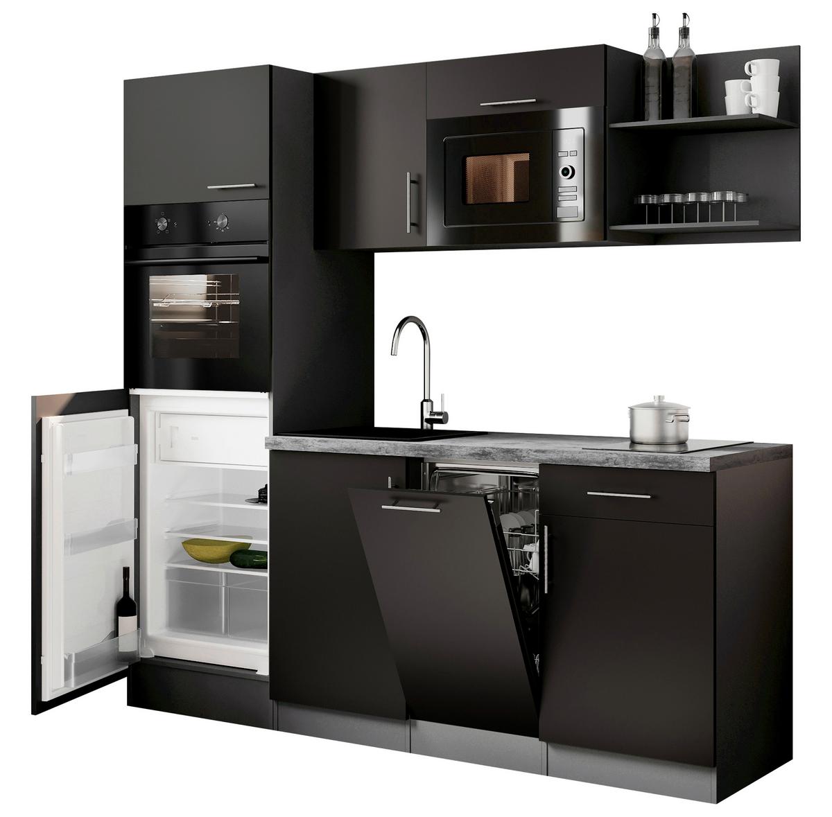 Küchenblock Oliver m. Geräten Schwarz - Schwarz/Grau, Trend, Holzwerkstoff/Metall (205cm) - Respekta