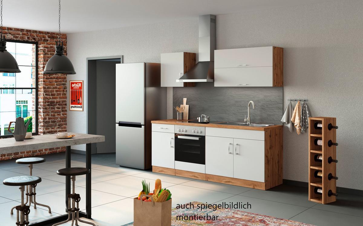 Küchenblock 'Sorrento' ; Weiß - Chromfarben/Eiche Wotan, MODERN, Holzwerkstoff/Metall (210cm) - Held