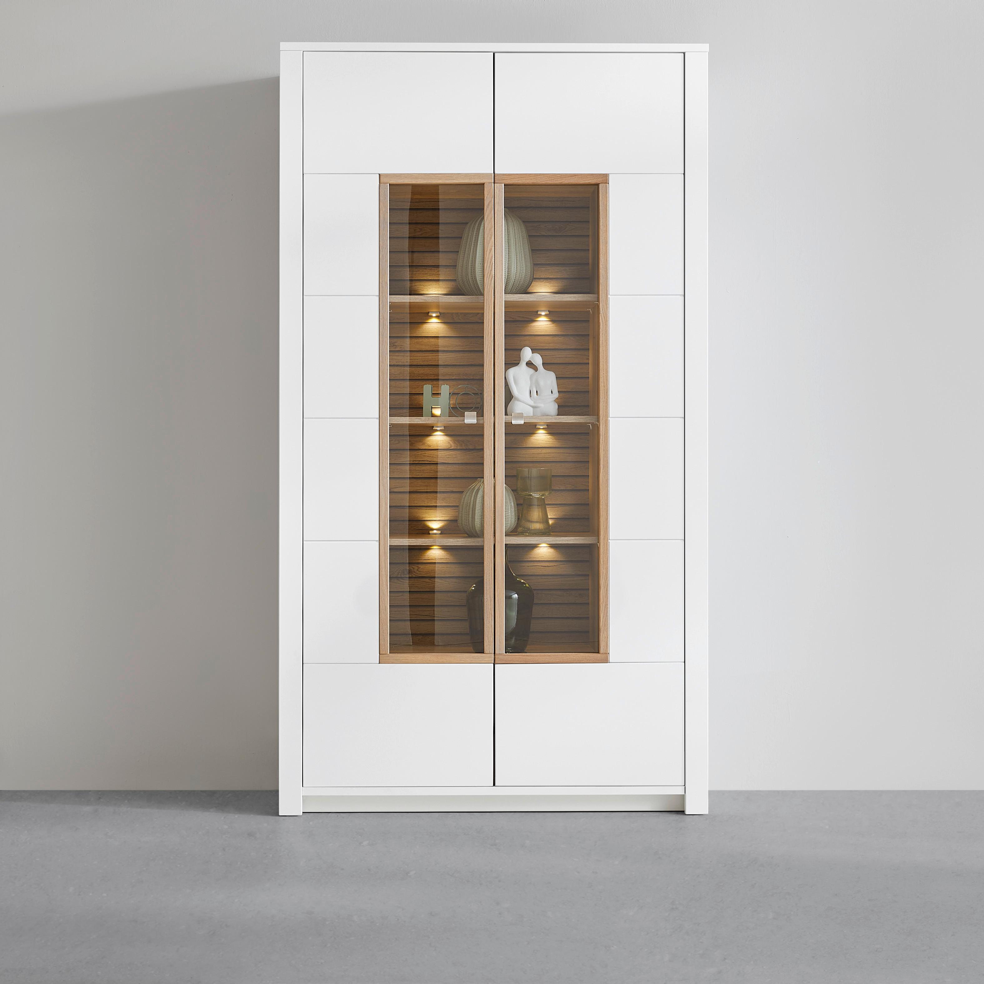 Vitrine Whitehouse 10Q8WR03 Weiß/Eichefarben - Edelstahlfarben/Eichefarben, MODERN, Holz/Holzwerkstoff (112/202/41cm) - Premium Living