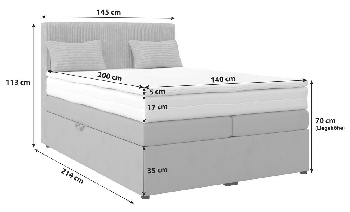 Boxspring Krevet Rossa - srebrne boje/crna, Moderno, drvni materijal/tekstil (140/200cm) - Modern Living