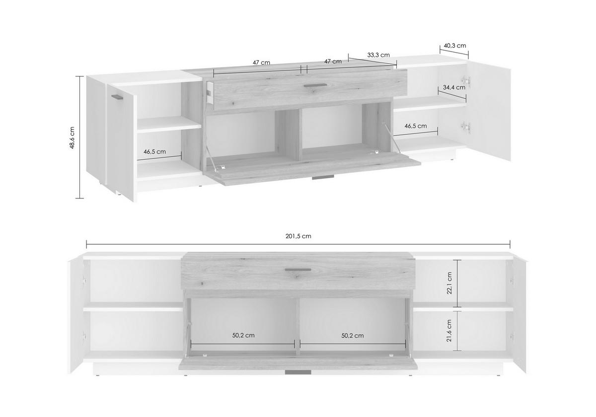 Tv-komoda Dalano - bijela/boje hrasta, Trend, drvni materijal/plastika (201,5/55,5/51,6cm) - Modern Living