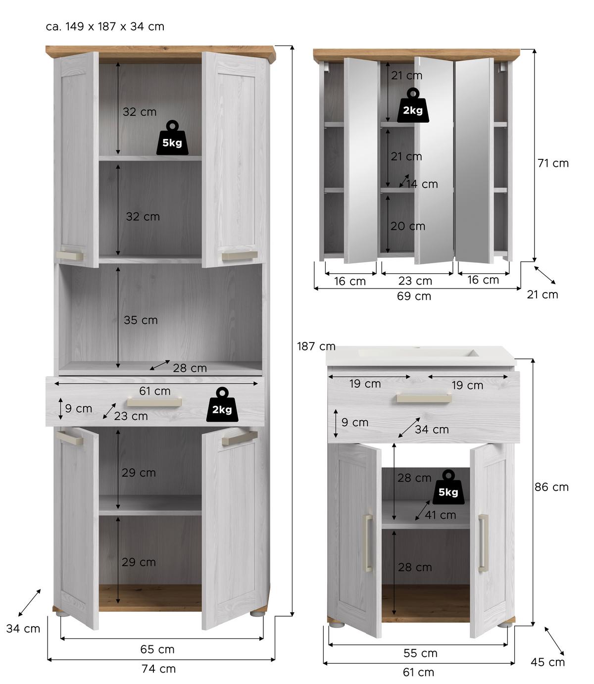Badezimmer Verona Lärchefarben/Eiche Artisan - Silberfarben/Lärchefarben, Trend, Glas/Keramik (135cm) - MID.YOU