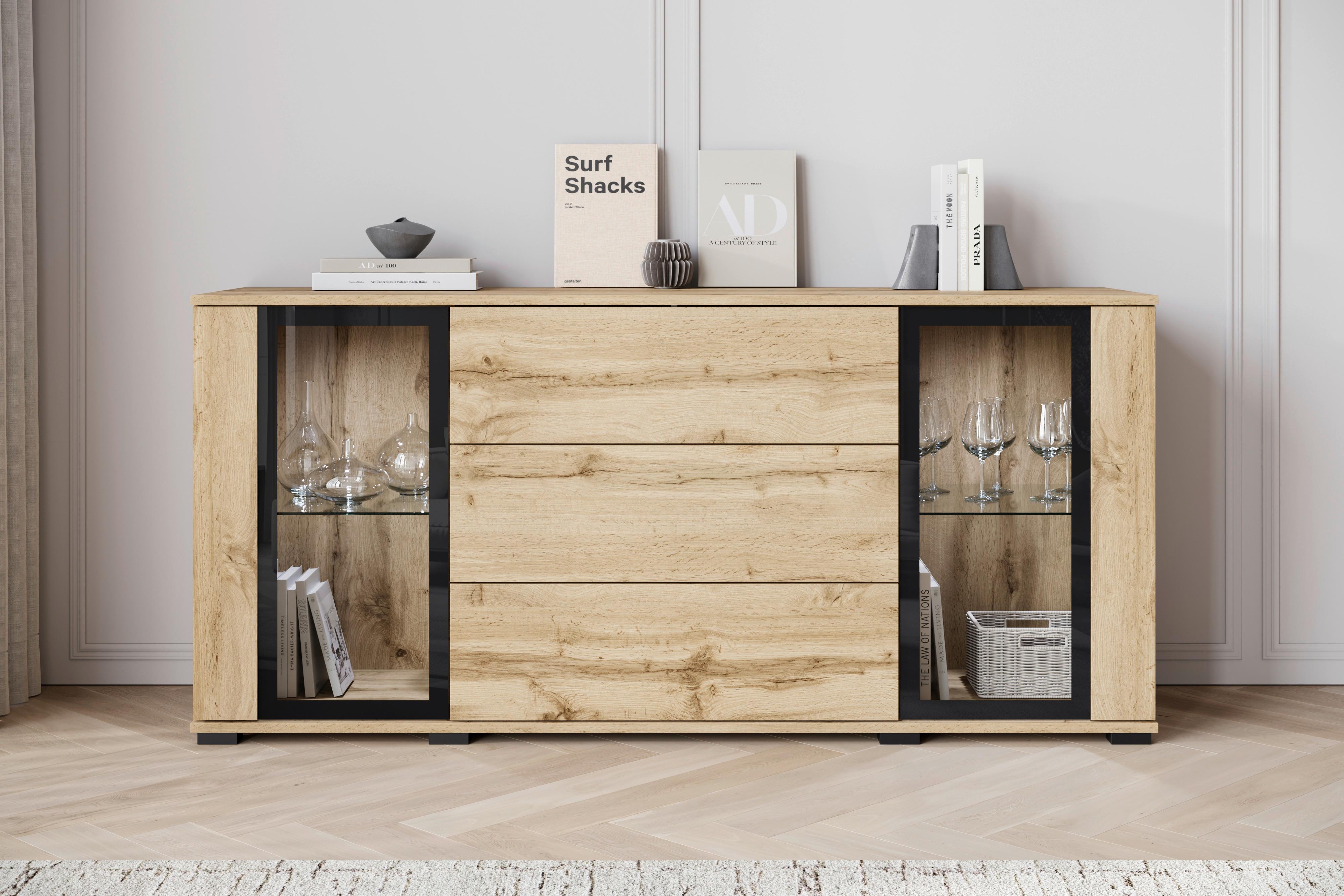 Sideboard Caro 150 - Eiche Wotan/Schwarz, Design, Glas/Holzwerkstoff (150/69,7/39,5cm) - P & B