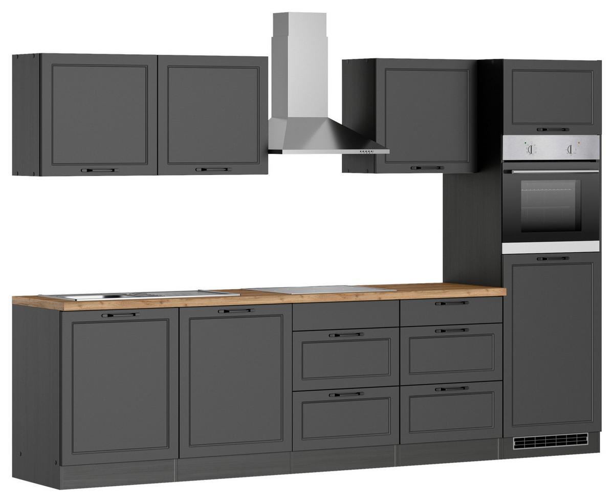 Küchenzeile Meran mit Geräten ca. 300 cm Grau/Eiche Dekor - Eiche Wotan/Schwarz, LIFESTYLE, Holzwerkstoff/Metall (300cm) - Held