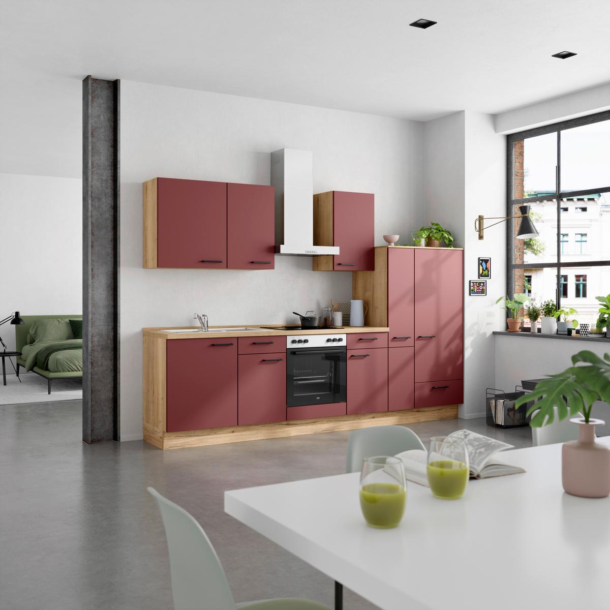 Küchenblock Easytouch Low m. Geräten Dunkelrot - Eichefarben/Schwarz, MODERN, Holzwerkstoff/Metall (300cm) - Nobilia