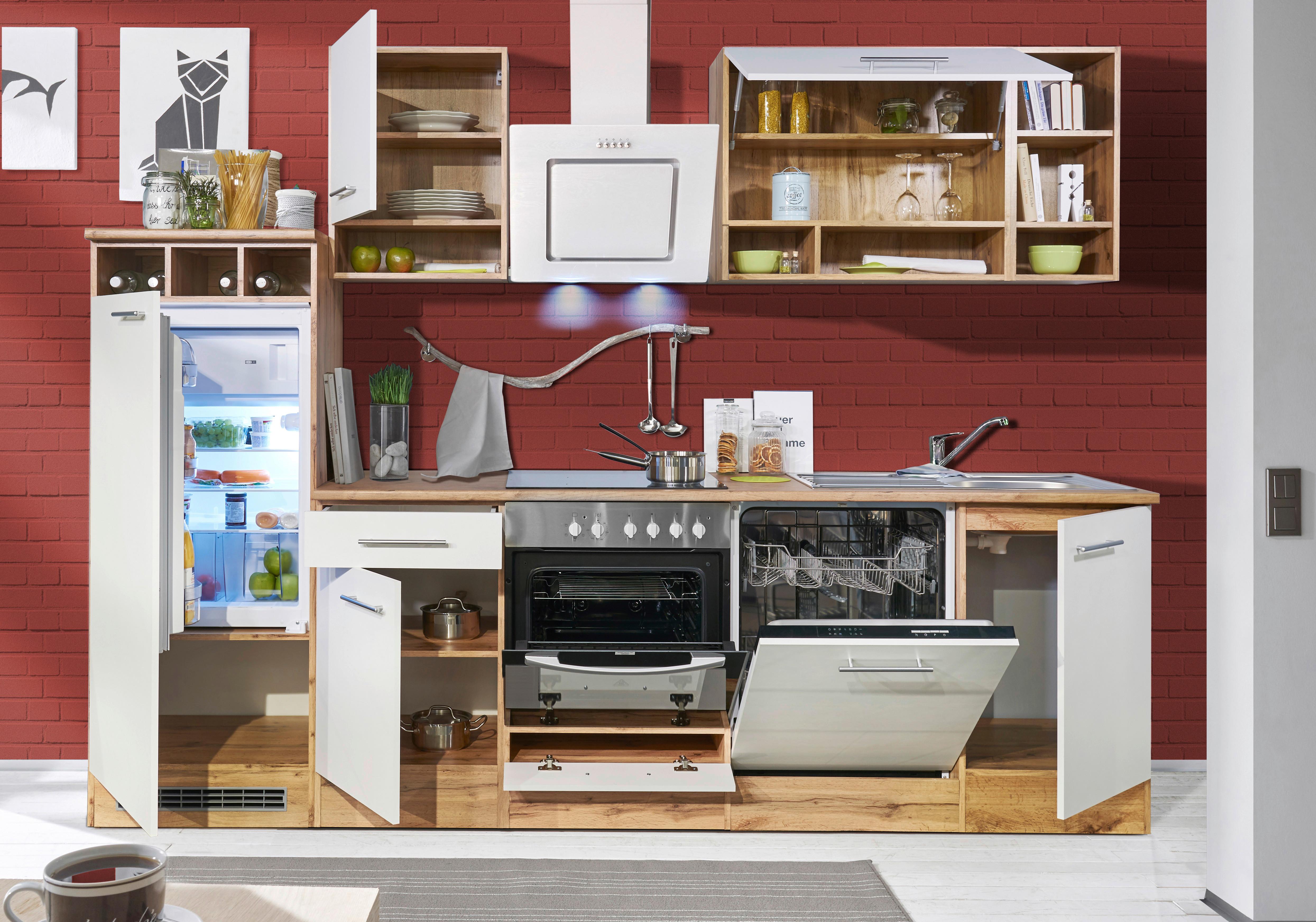 Küchenzeile Economy o. Geräte Weiß/Wildeiche B: ca. 280 cm - Wildeiche/Silberfarben, Basics, Holzwerkstoff/Metall (280/205/60cm) - Respekta