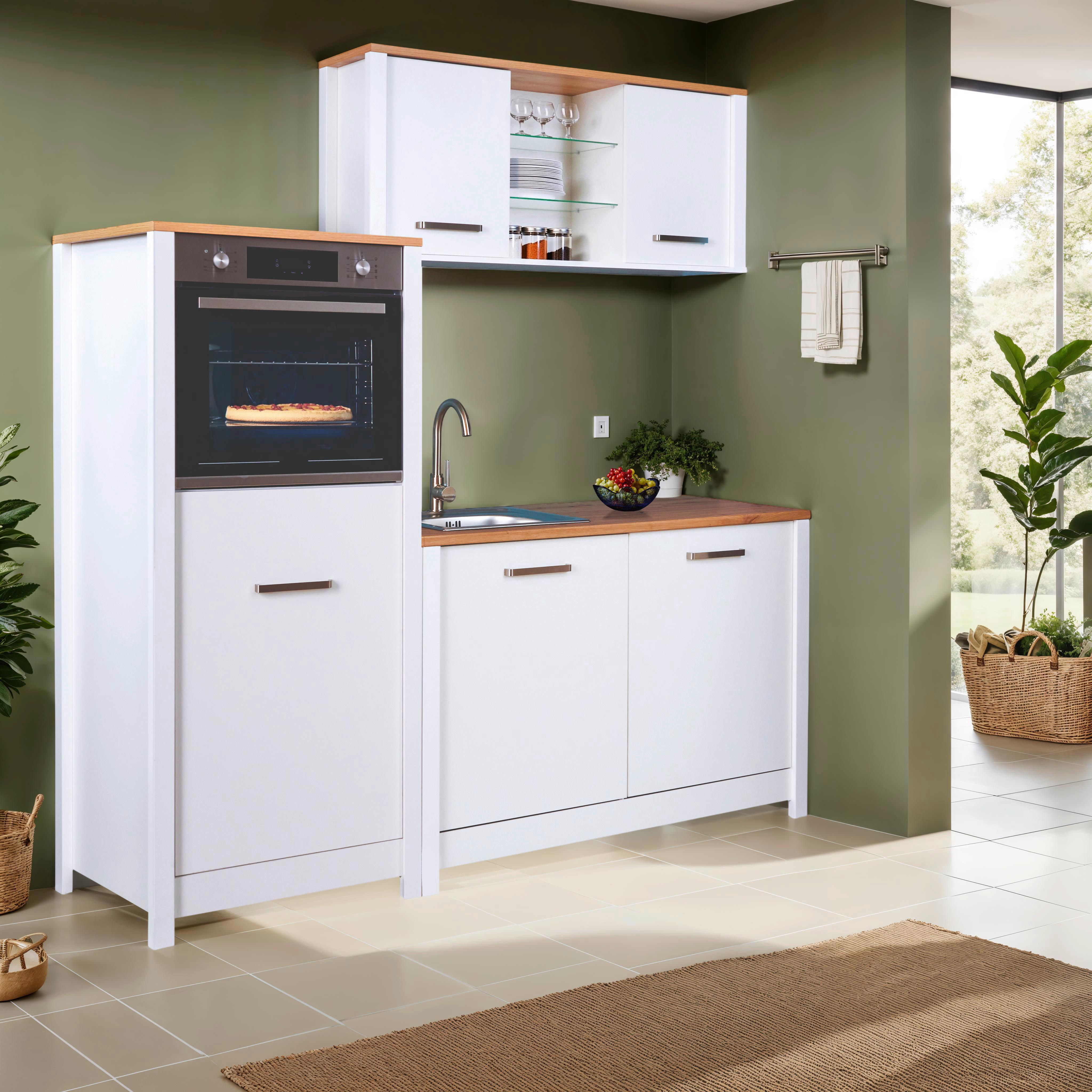 Küchenleerblock Bundle 2 o. Geräte Weiß/Eiche - Silberfarben/Weiß, MODERN, Glas/Holzwerkstoff (200/167/60cm) - home24